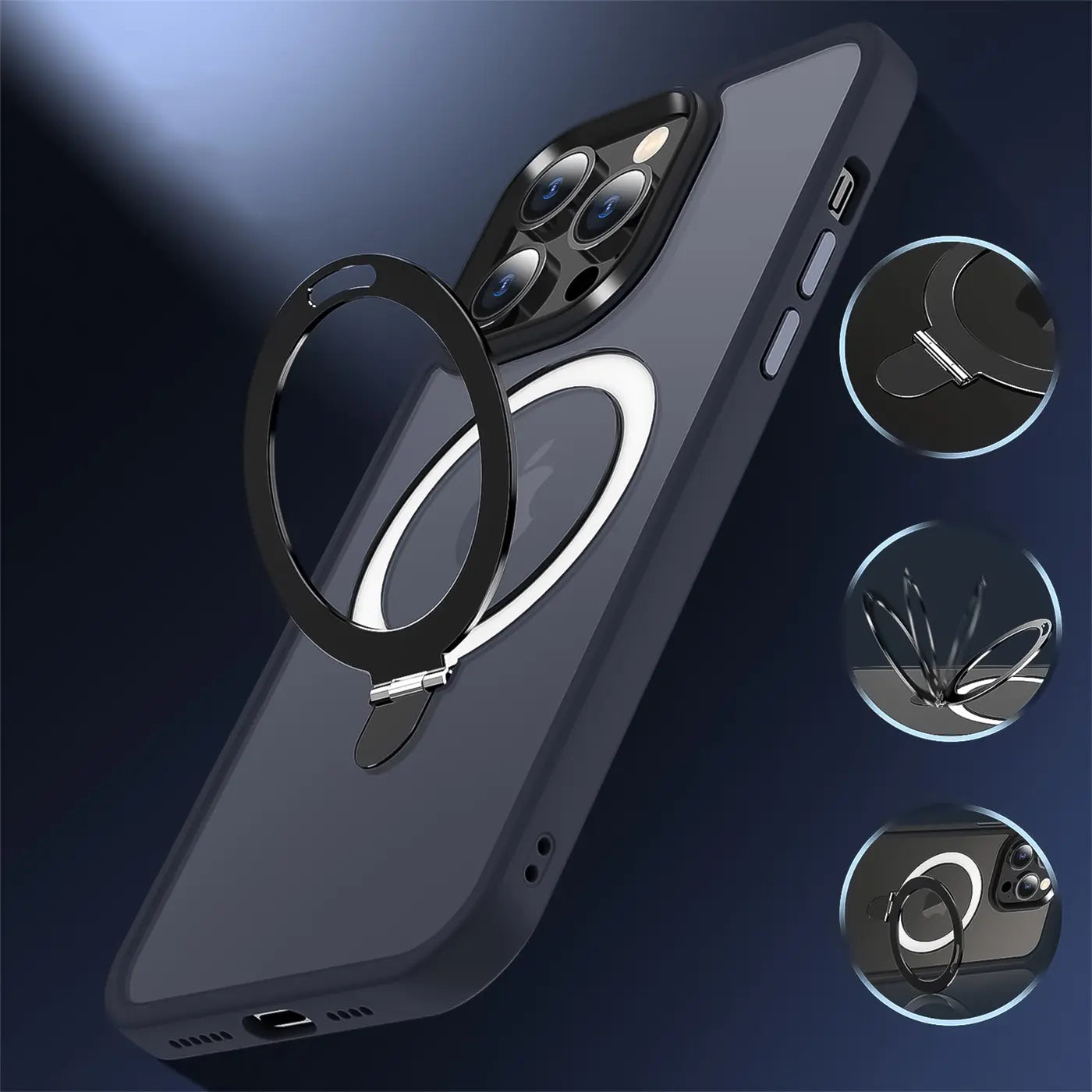Dunkelgraue MagSafe Hülle mit schwarzem Aufstellring, von schräg hinten auf iPhone 14 Pro