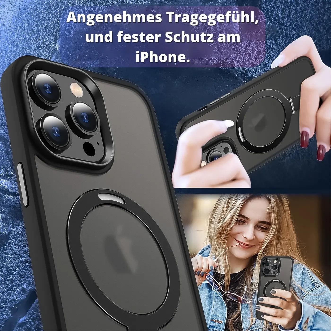 Schwarze MagSafe Hülle mit Aufstellring für iPhone 14 Pro, Rückansicht
