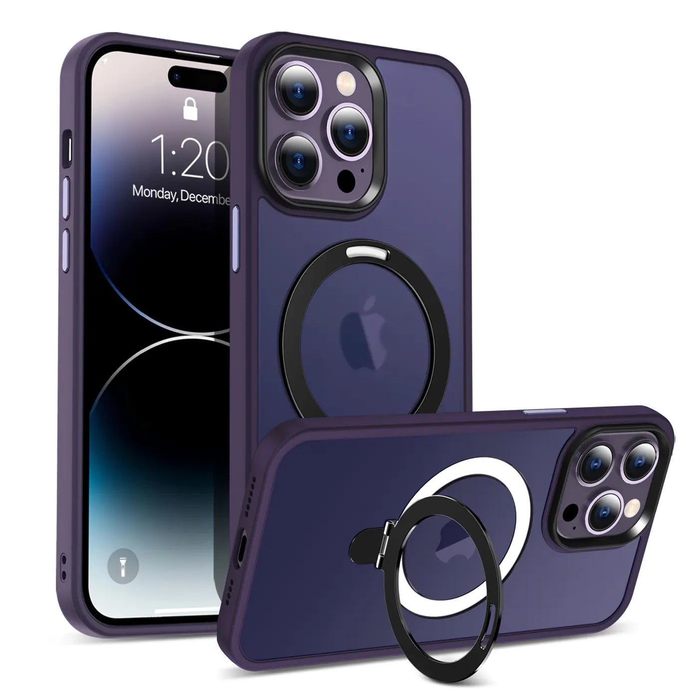 Dunkelviolette MagSafe Hülle mit Aufstellring für iPhone 14 Pro, von vorne und schräg
