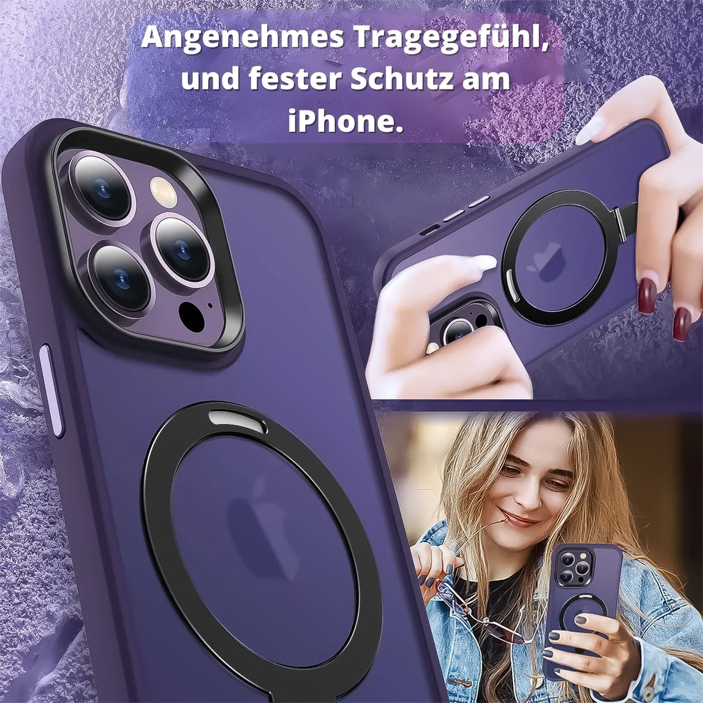Lila iPhone 14 Pro Hülle aus Kunststoff mit schwarzem Aufstellring, Nahaufnahme.