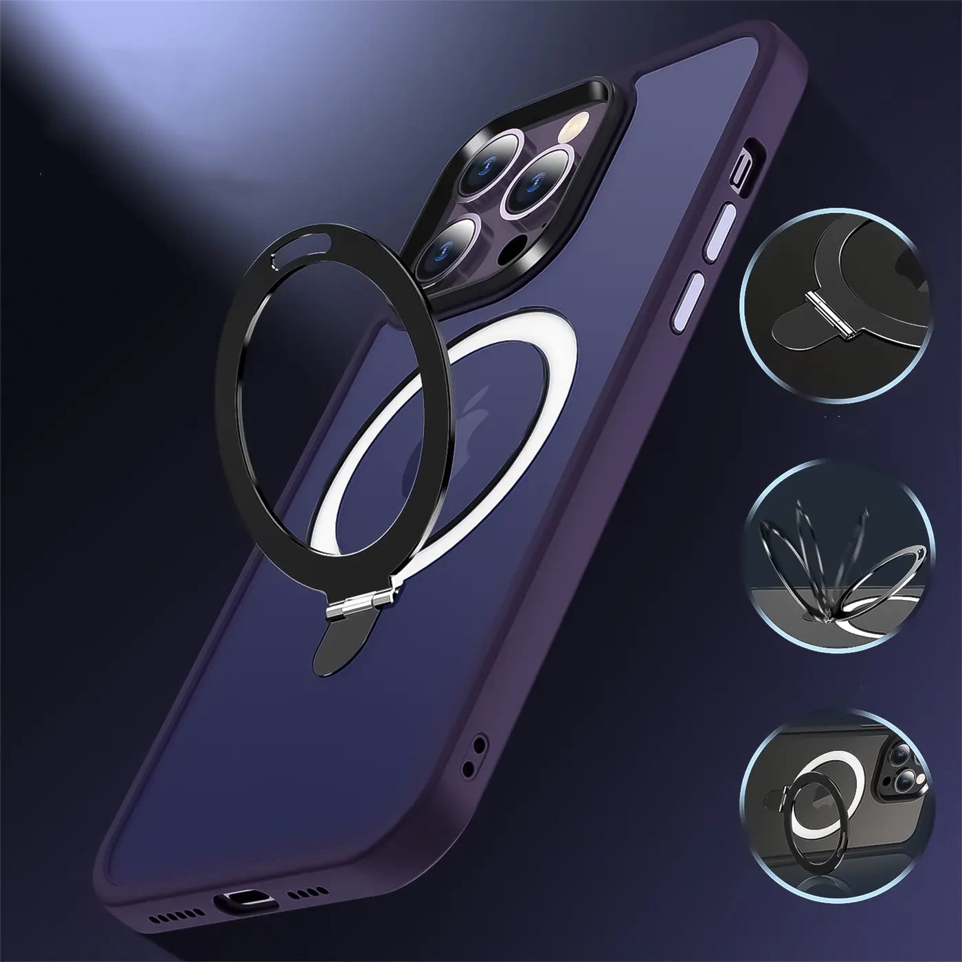 Dunkelviolette iPhone 14 Pro Hülle aus Kunststoff mit schwarzem Metallring, von hinten gezeigt.