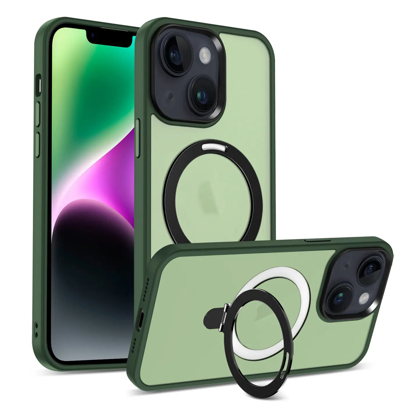 Grüne MagSafe Hülle aus Kunststoff mit Aufstellring für iPhone 15, Rückansicht.