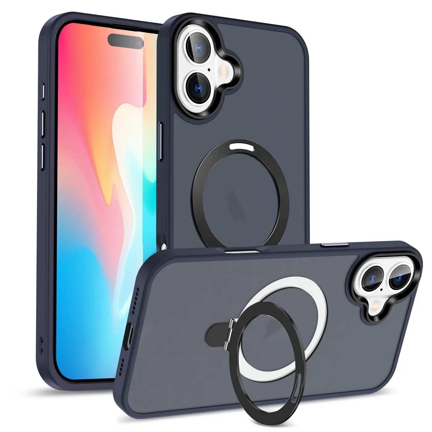 Dunkelblaue Hülle mit Aufstellring für iPhone 16, von vorne und schräg