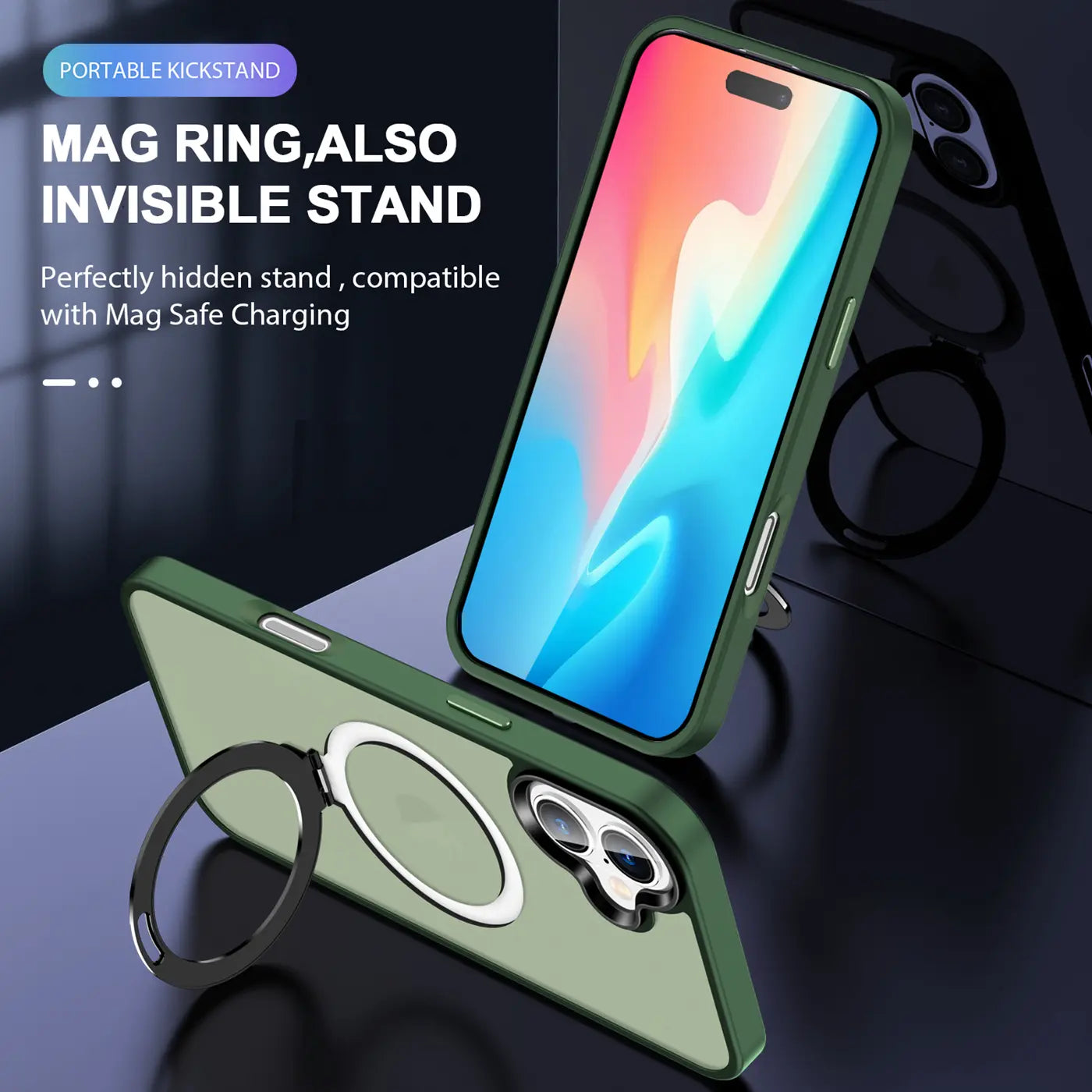 Grüne Handyhülle aus Kunststoff mit silbernem Aufstellring, iPhone 16, Seitenansicht.
