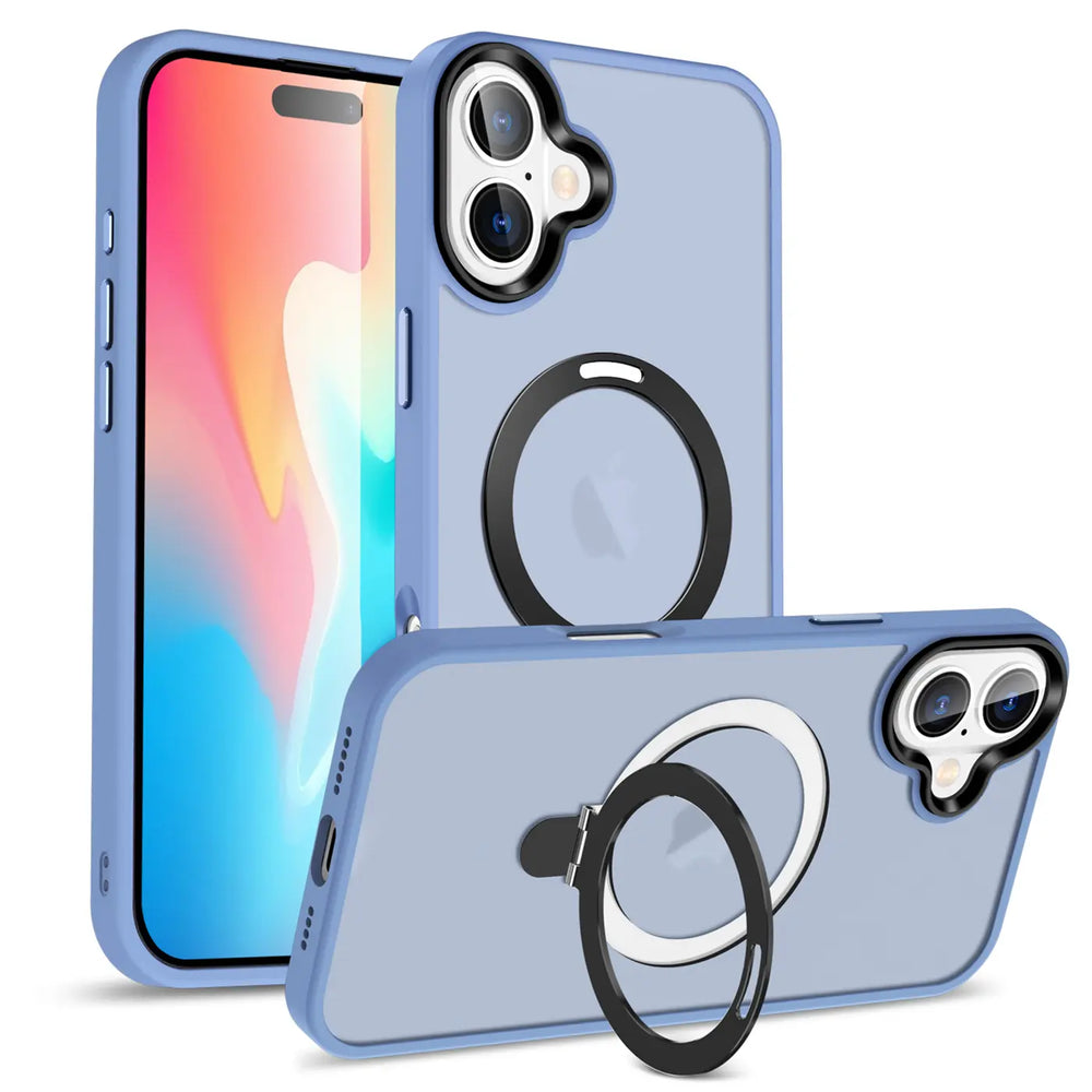 Blaue MagSafe Hülle mit Aufstellring für iPhone 16 Plus, von vorne und seitlich
