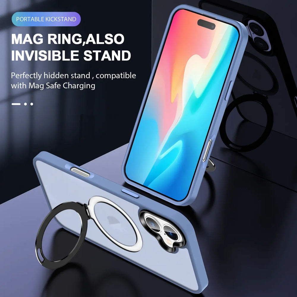 Blaues iPhone 16 Plus mit MagSafe Hülle und Aufstellring, Nahaufnahme.