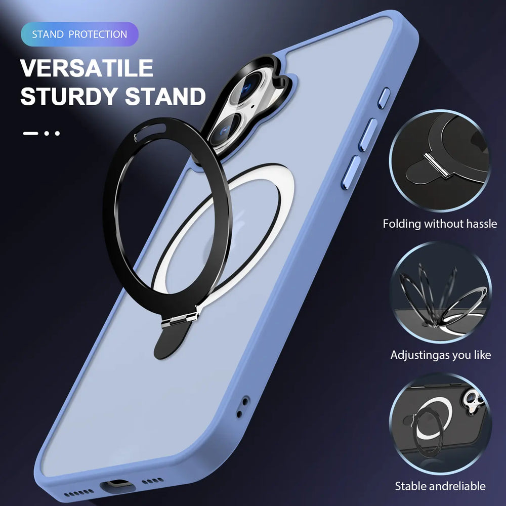 Hülle für iPhone 16 Plus, blau, Kunststoff, mit schwarzem Ringständer, Rückansicht