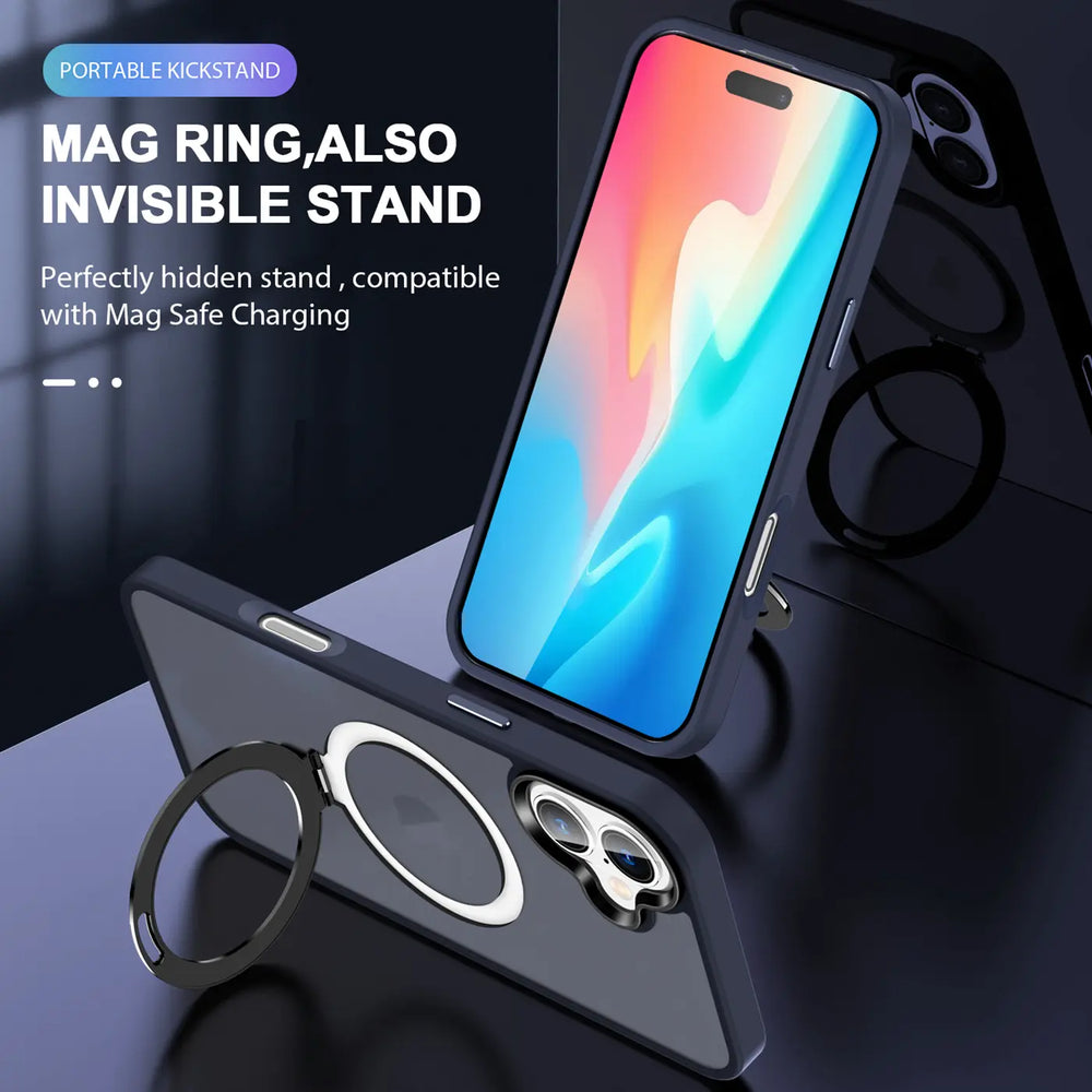 Dunkelblaue Hülle mit silbernem Ring für iPhone 16 Plus, Nahaufnahme, Aufstellring sichtbar.