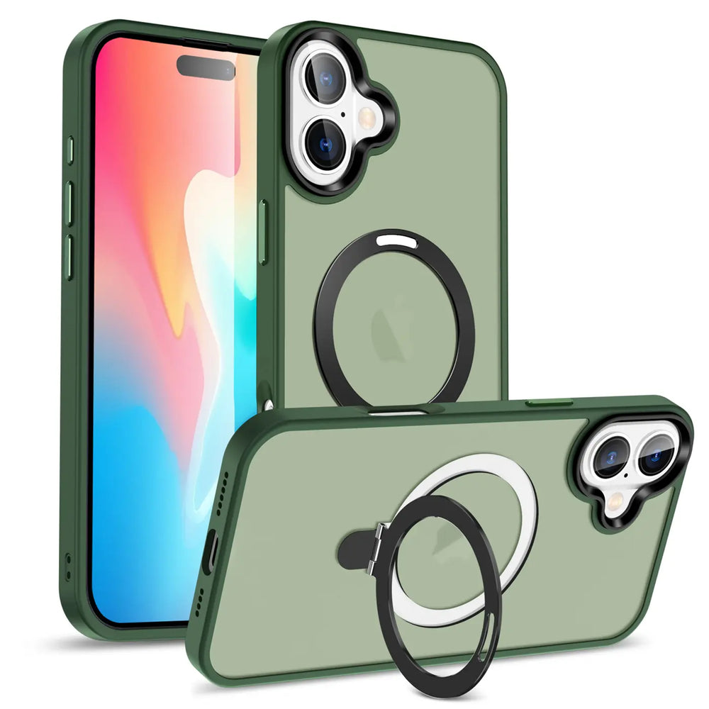 Grüne MagSafe Hülle mit Aufstellring, Rückansicht, für iPhone 16 Plus