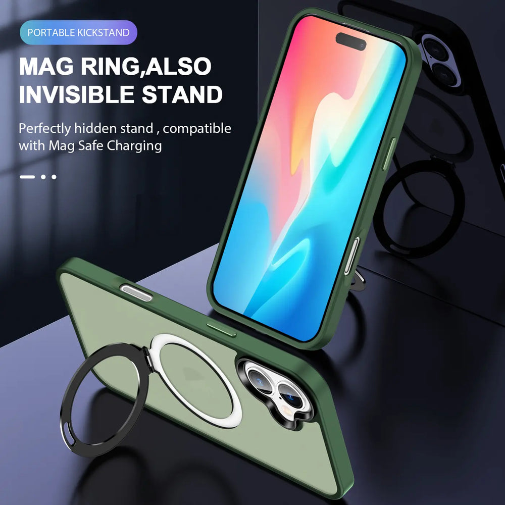 Grüne Hülle mit Ringständer für iPhone 16 Plus, von schräg unten gezeigt.