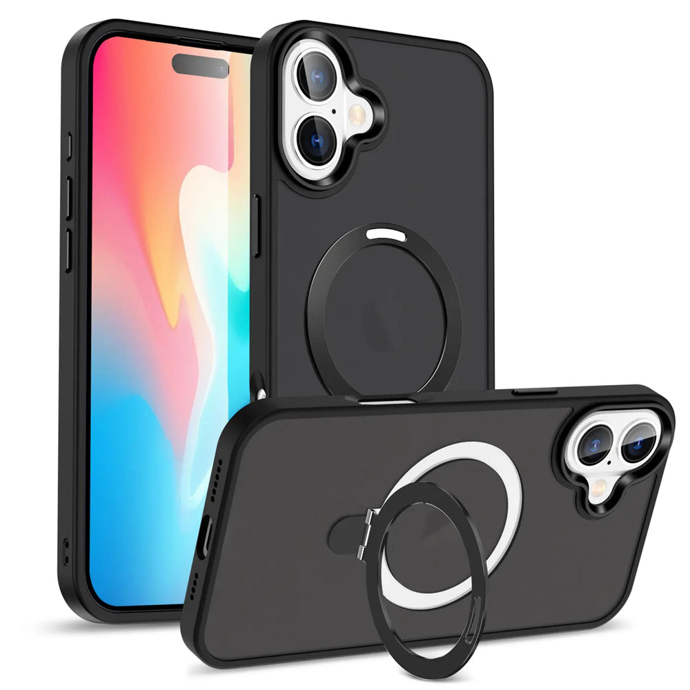 Schwarze Handyhülle aus Kunststoff mit Aufstellring für iPhone 16 Plus, Vorder- und Rückansicht.