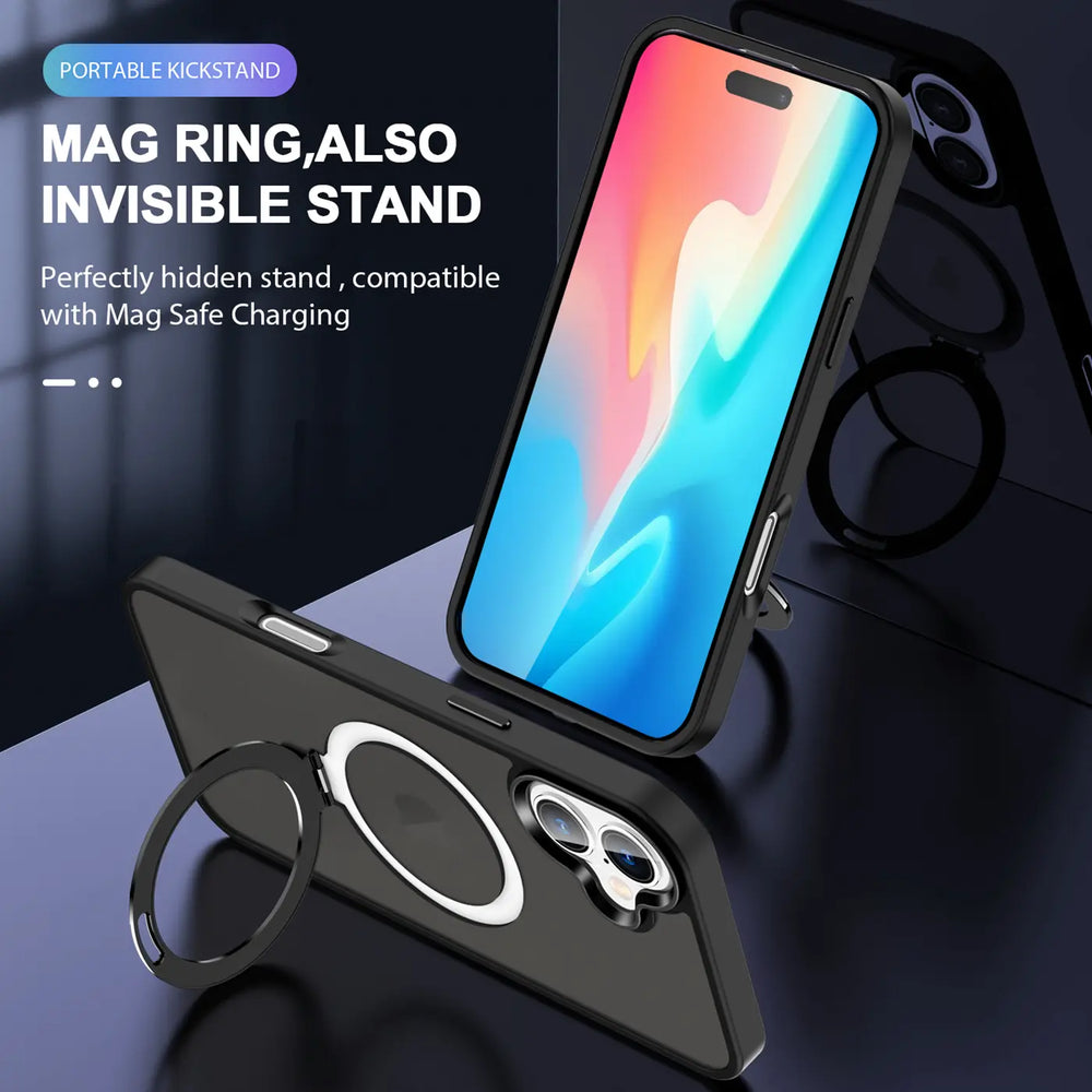 Schwarze Handyhülle aus Kunststoff mit Ringhalter und iPhone 16 Plus, von schräg oben
