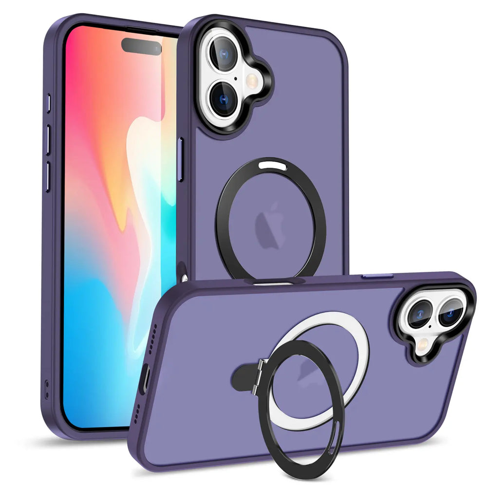 Lila Hülle mit Aufstellring für iPhone 16 Plus, Rückansicht, transparent.