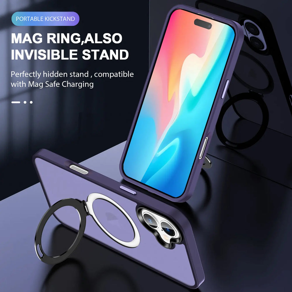 Lila MagSafe Hülle mit Ring-Ständer für iPhone 16 Plus, von vorne unten gesehen.