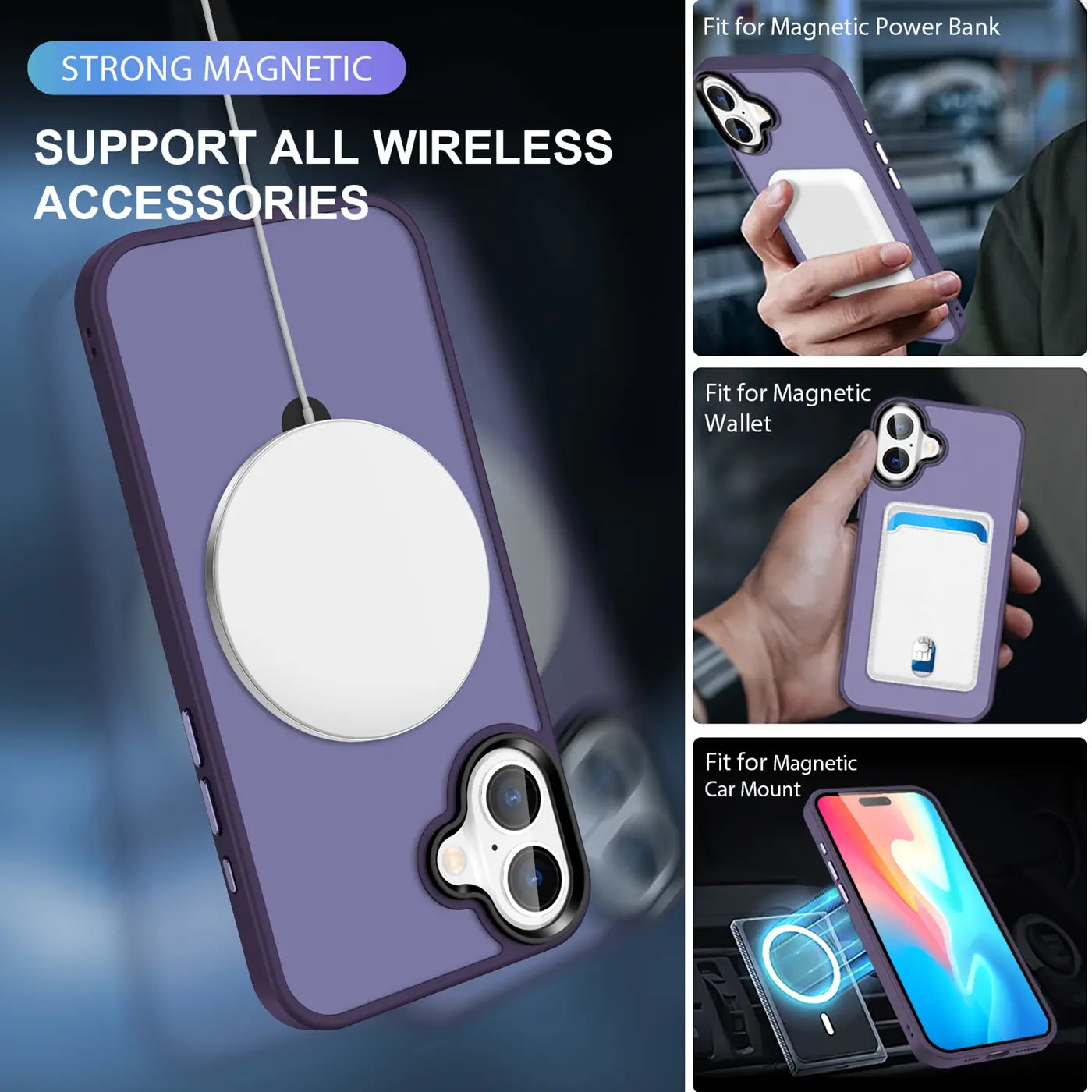 Lila MagSafe Hülle mit weißem Ring, Rückansicht, iPhone 16 Plus Zubehör.