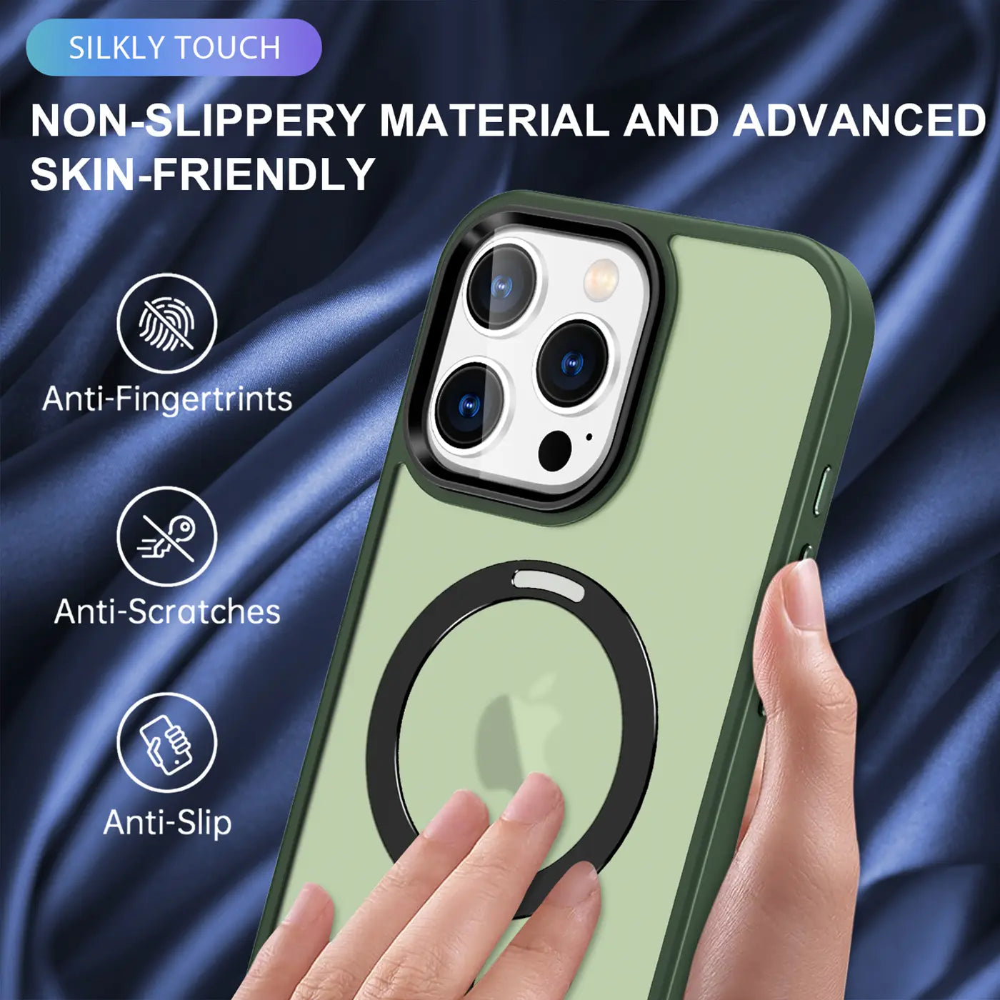 Grüne MagSafe Hülle für iPhone 16 Pro, matt, mit Aufstellring, von vorne.