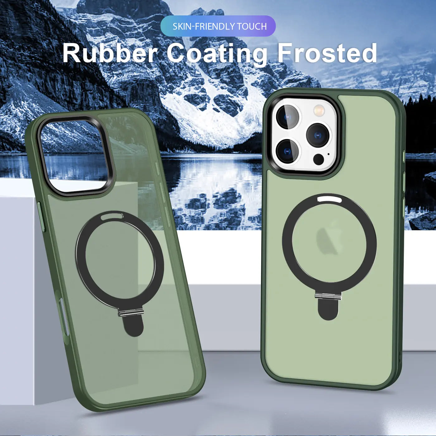 Grüne MagSafe Hüllen mit Aufstellring für iPhone 16 Pro, von vorne und Seite, mattes Material.