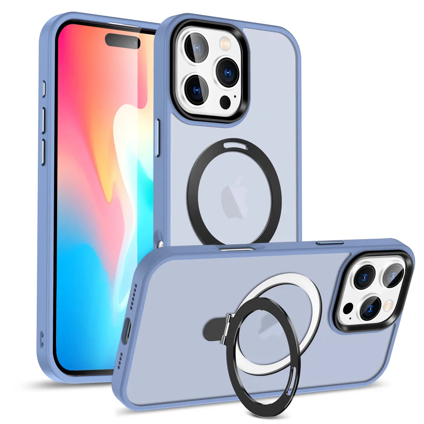Blaue MagSafe Hülle aus Kunststoff mit Aufstellring für iPhone 16 Pro Max, Rückansicht