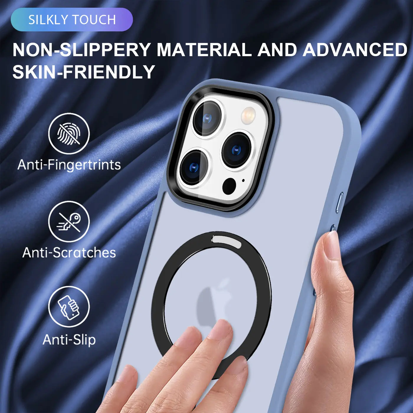 Helle blaue MagSafe Hülle mit Aufstellring für iPhone 16 Pro Max, von vorne.