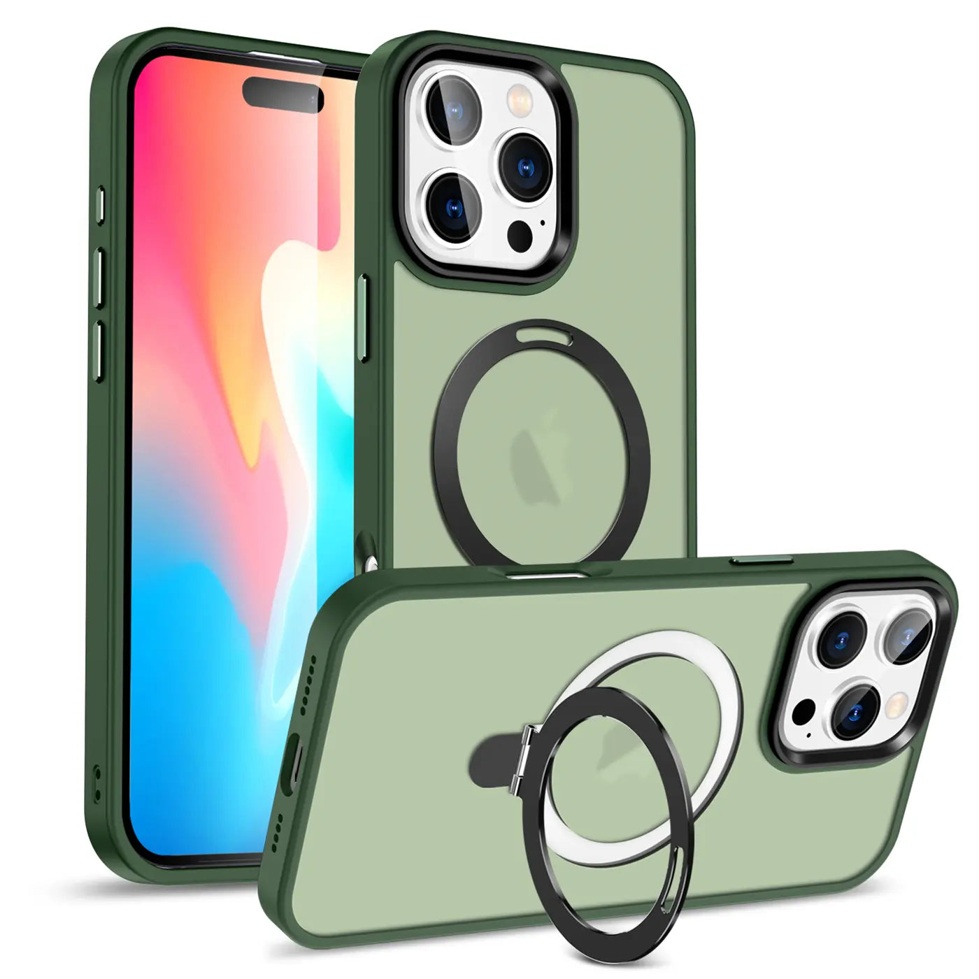 Grüne MagSafe Hülle mit Aufstellring für iPhone 16 Pro Max, Rückansicht.