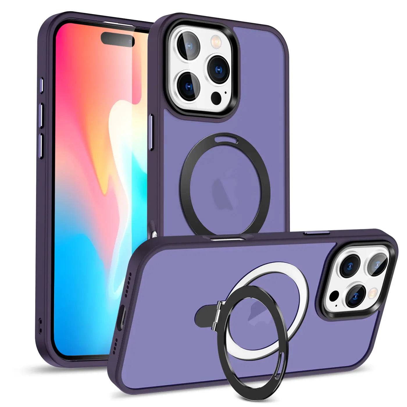 Lila MagSafe Hülle mit Aufstellring, Rückansicht, iPhone 16 Pro Max.