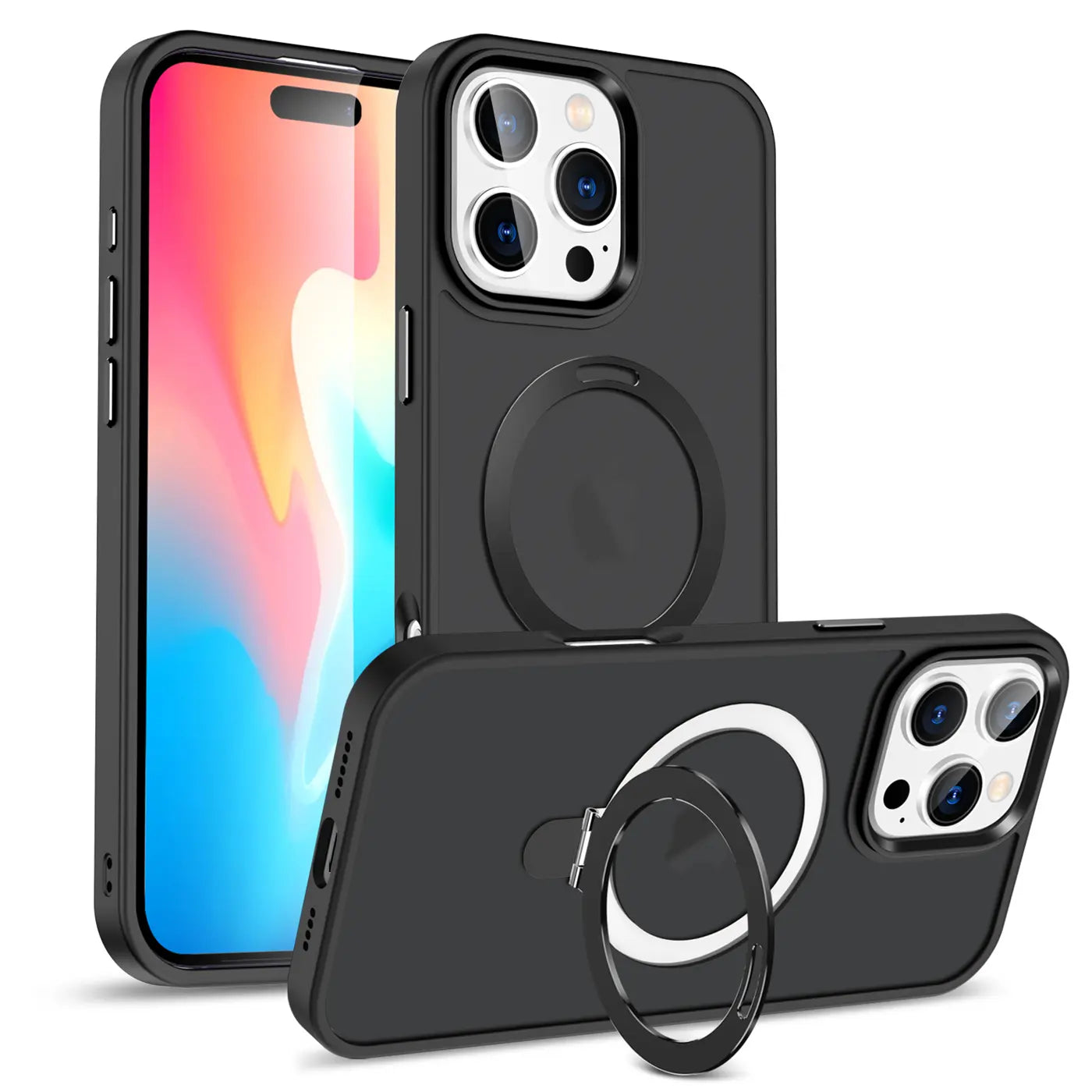 Schwarze MagSafe-Hülle mit Aufstellring für iPhone 16 Pro, von vorne und schräg