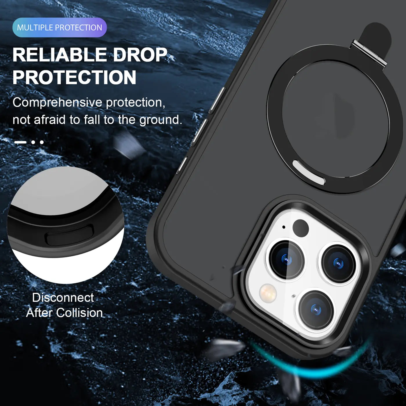 Schwarze MagSafe Hülle aus Kunststoff mit Aufstellring für iPhone 16 Pro, Nahaufnahme von hinten.