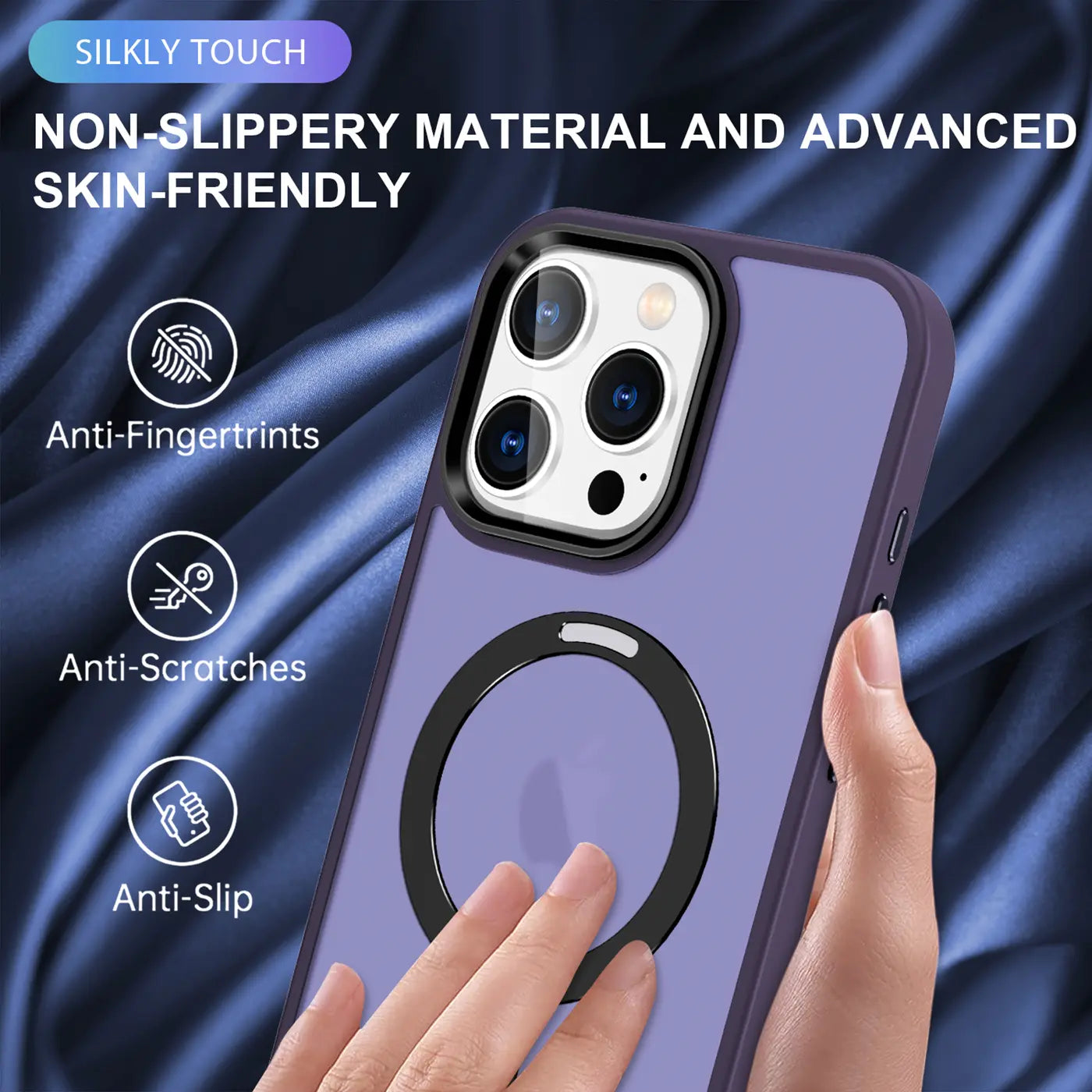 Lila MagSafe Hülle mit Aufstellring für iPhone 16 Pro, von vorne, Silikon.