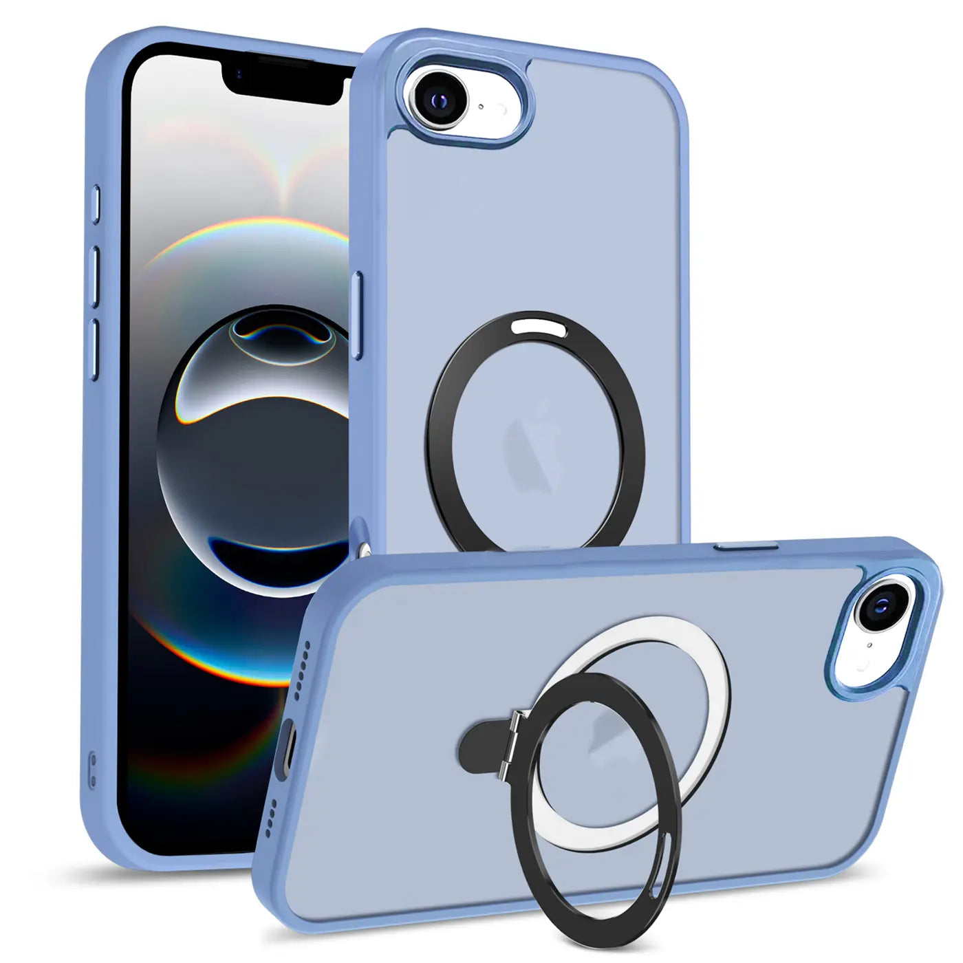 Blaue iPhone 16e Hülle aus Kunststoff mit Aufstellring, Vorder- und Rückansicht.