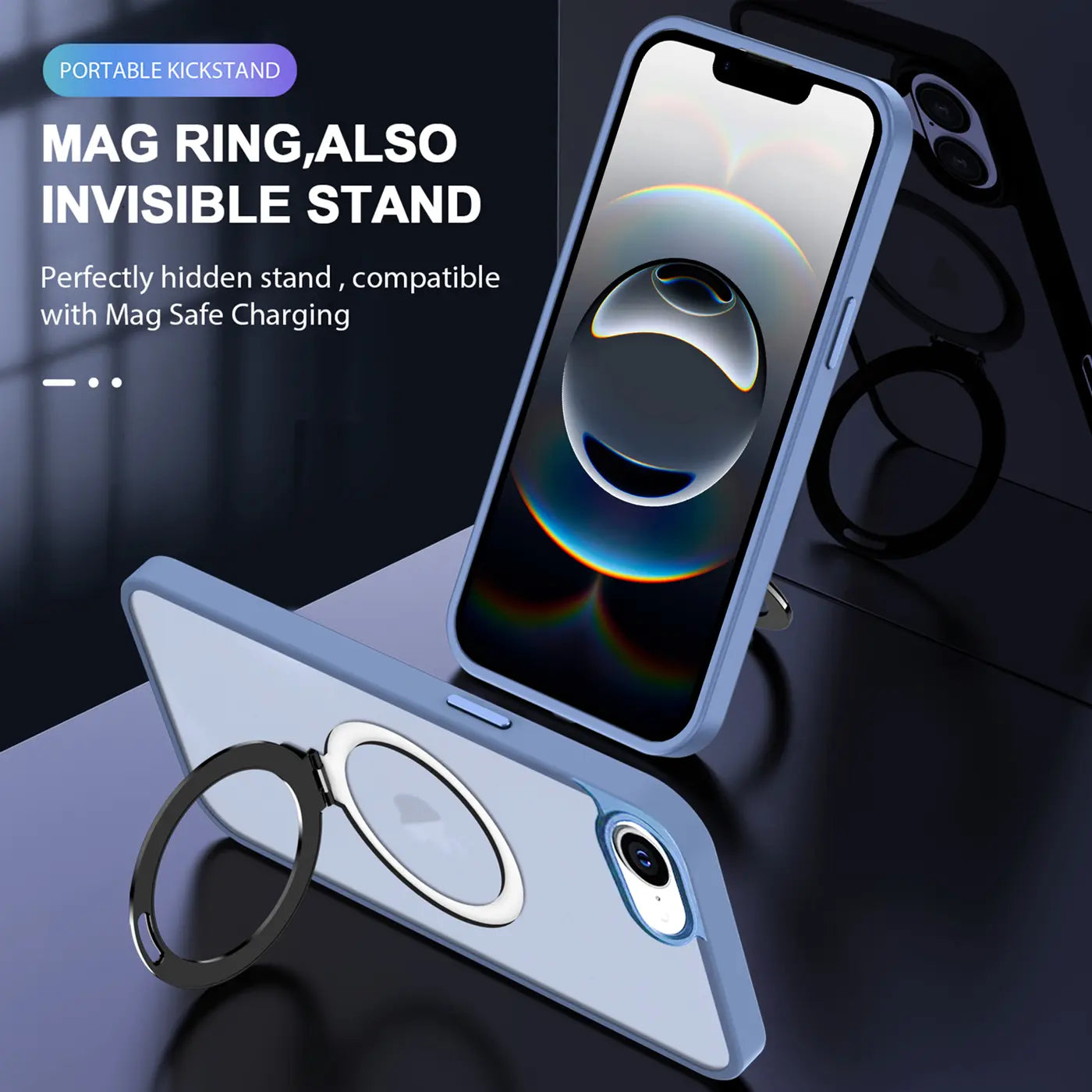 Hellblaue Handyhülle aus Kunststoff mit Aufstellring, iPhone 16e, von vorne/oben