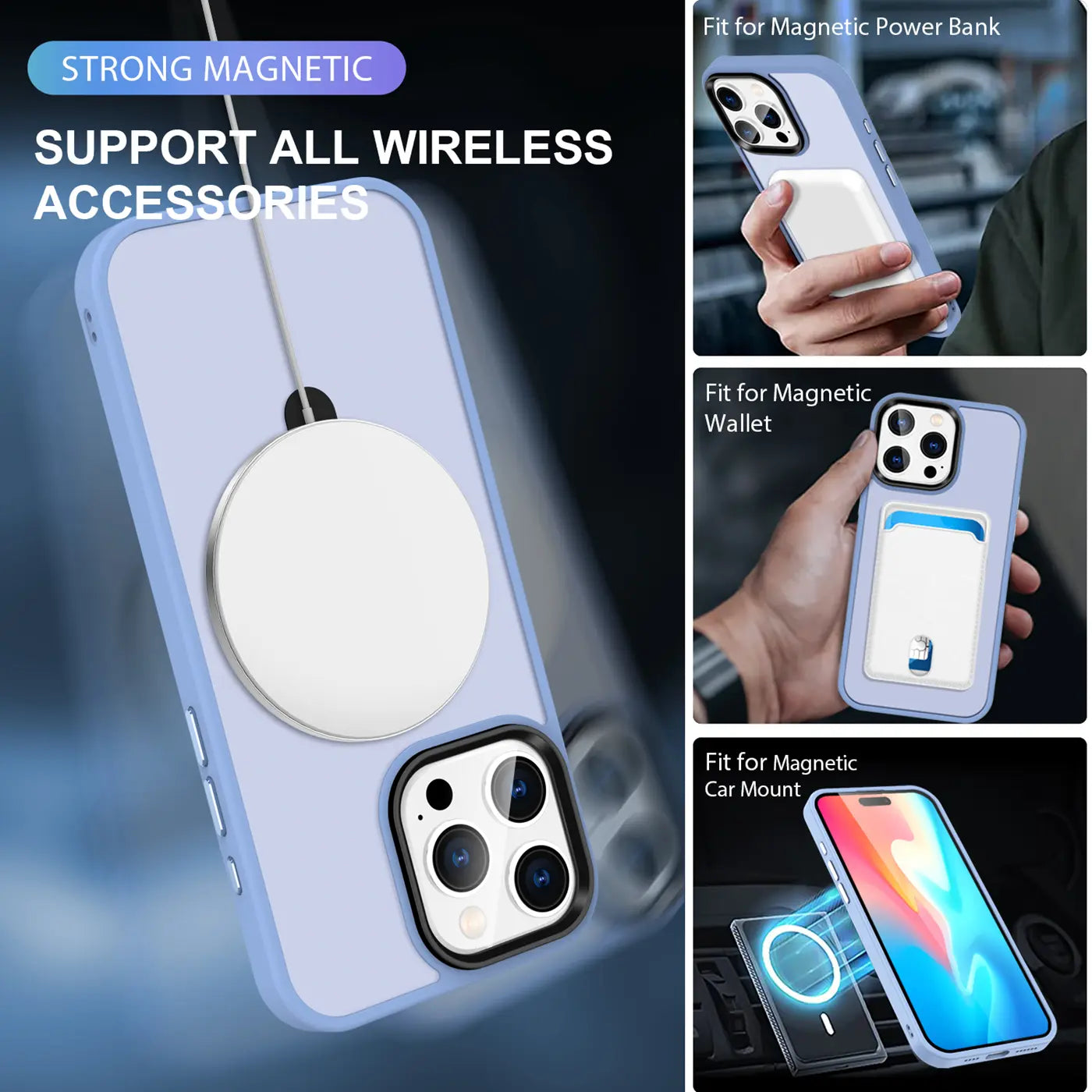 Lila MagSafe Hülle mit weißem Ring, Nahaufnahme, iPhone 15 Pro Max.