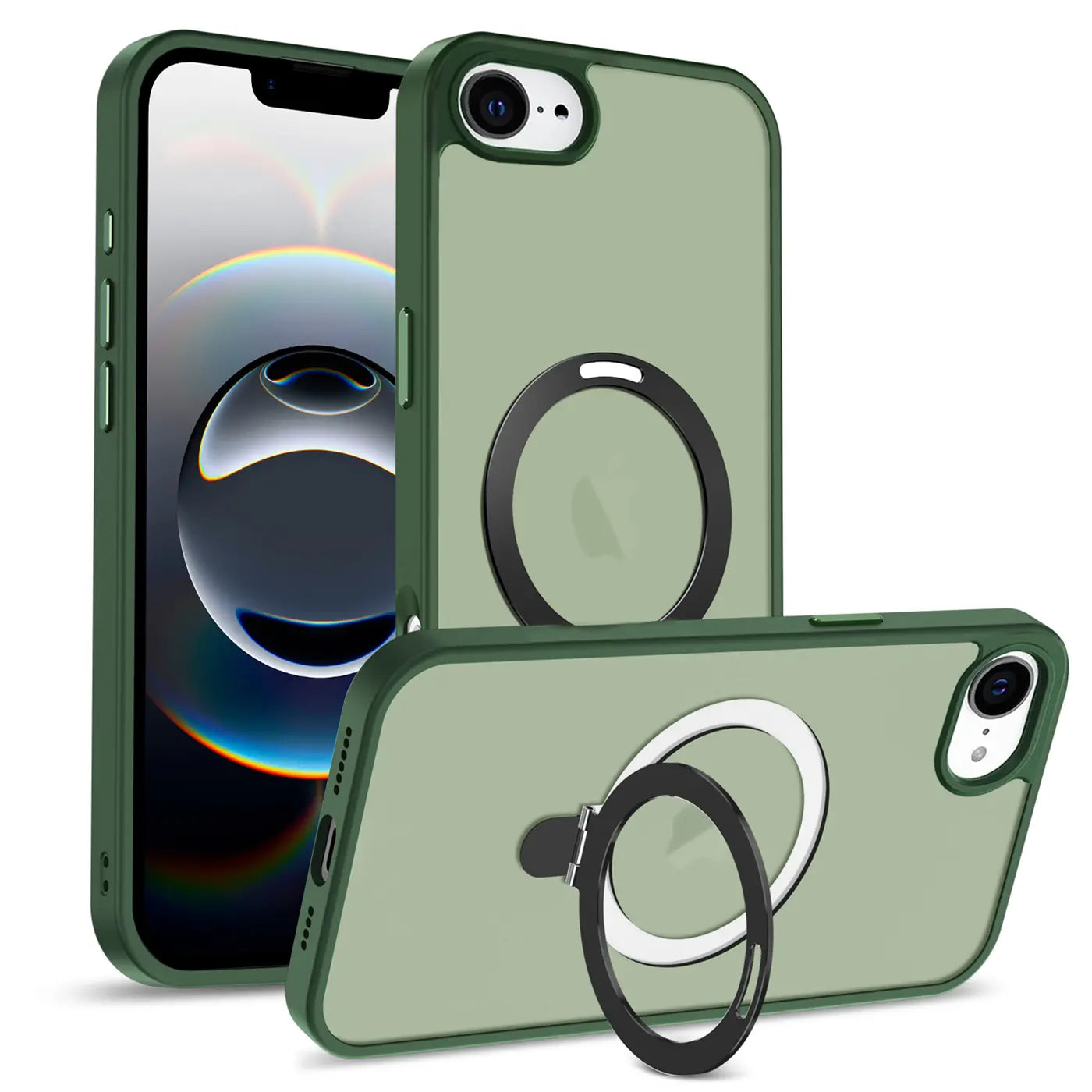 Grüne MagSafe Hülle mit Aufstellring für iPhone 16e, Rückansicht, transparentes Material.