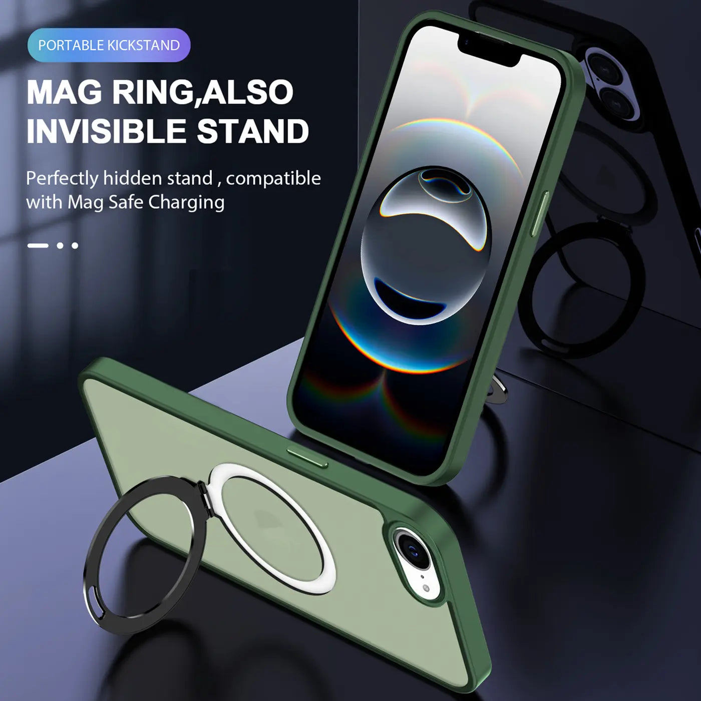 Grüne MagSafe Hülle mit Aufstellring für iPhone, von vorne unten gesehen.