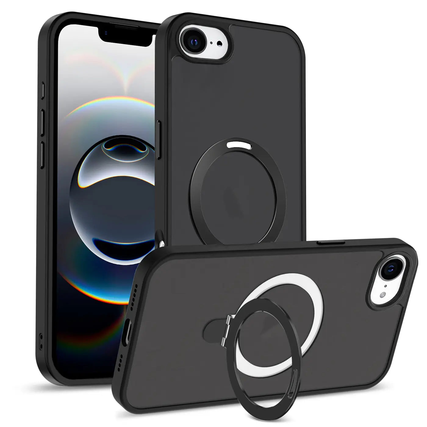 Schwarze iPhone 16e Hülle aus Kunststoff mit Aufstellring, Vorder- und Rückansicht.