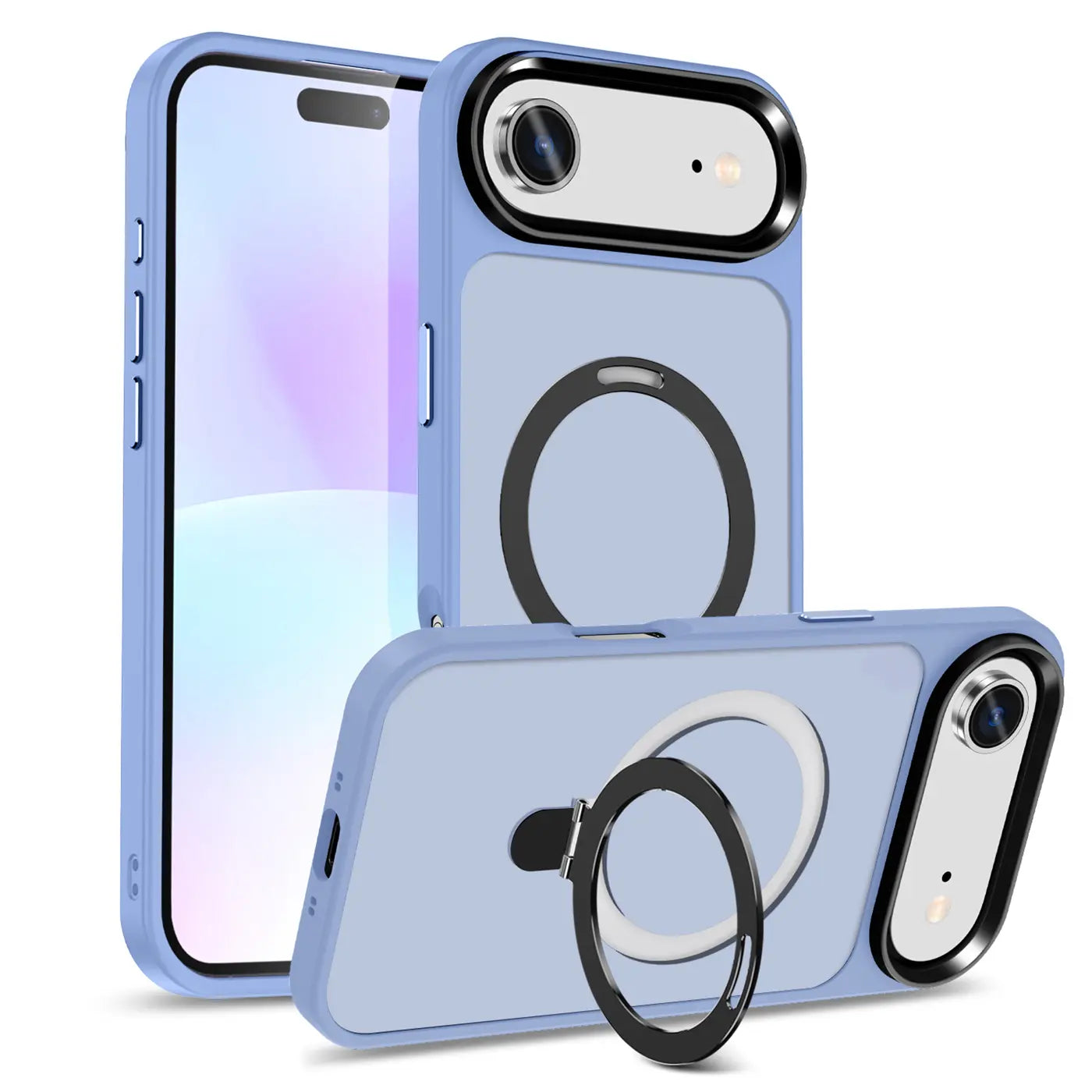 Hellblaue Hülle mit Aufstellring für iPhone, MagSafe, von vorne und Seite