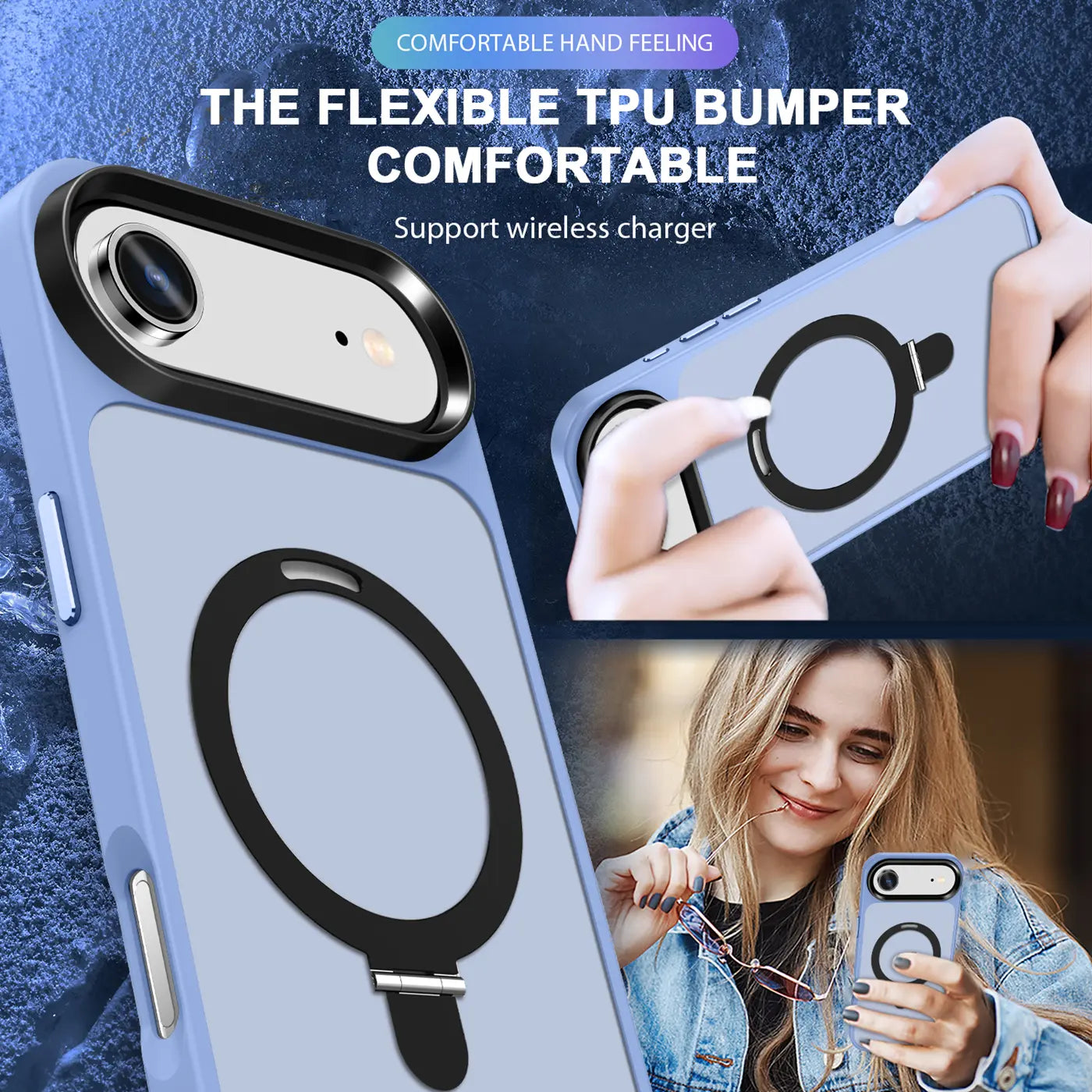 Lila TPU-Hülle mit schwarzem MagSafe-Ring, Nahaufnahme auf iPhone 17 Air.