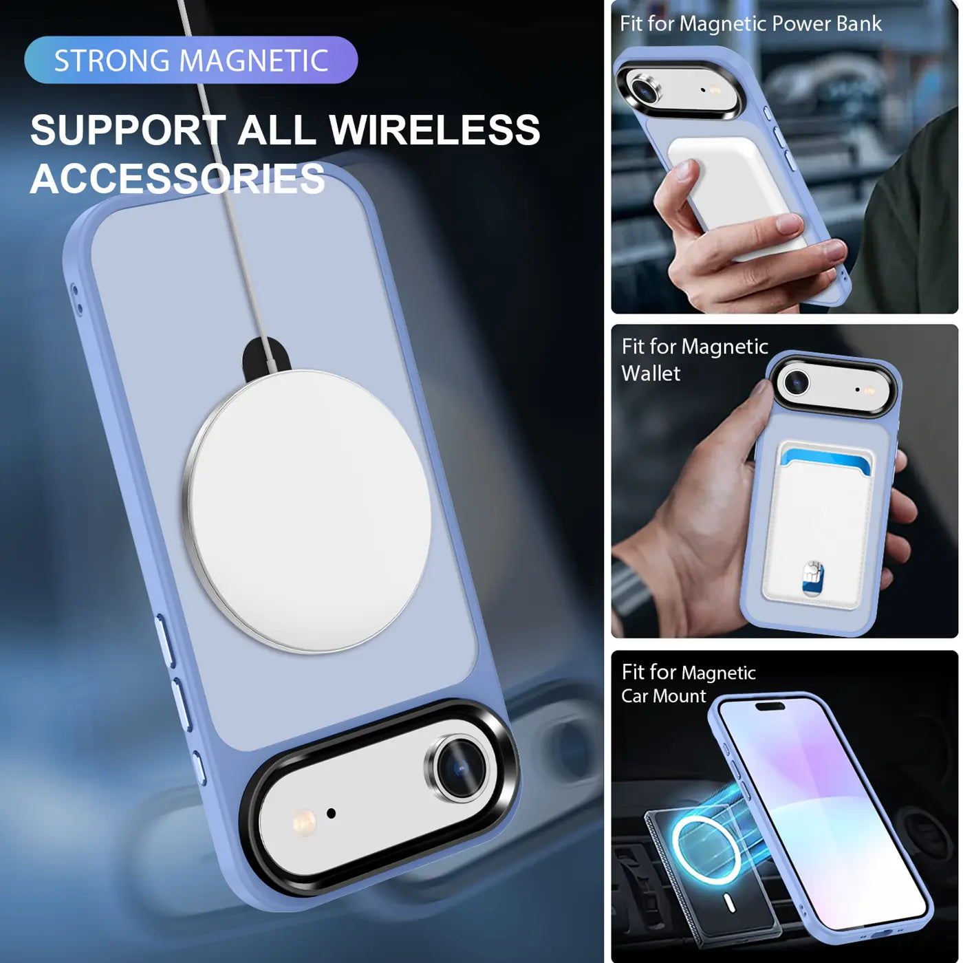 Lila iPhone-Hülle mit MagSafe-Ring, zeigt Zubehör wie Powerbank, Wallet, Autohalterung.