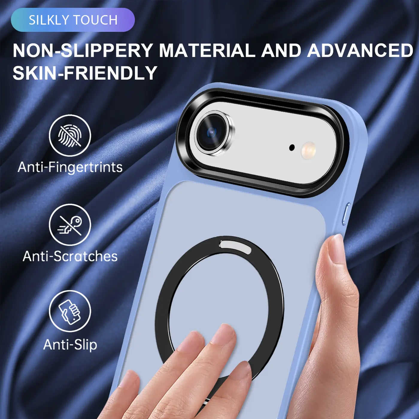 Helle blaue MagSafe Hülle mit Aufstellring, aus Silikon, von vorne, zeigt iPhone 17 Air.