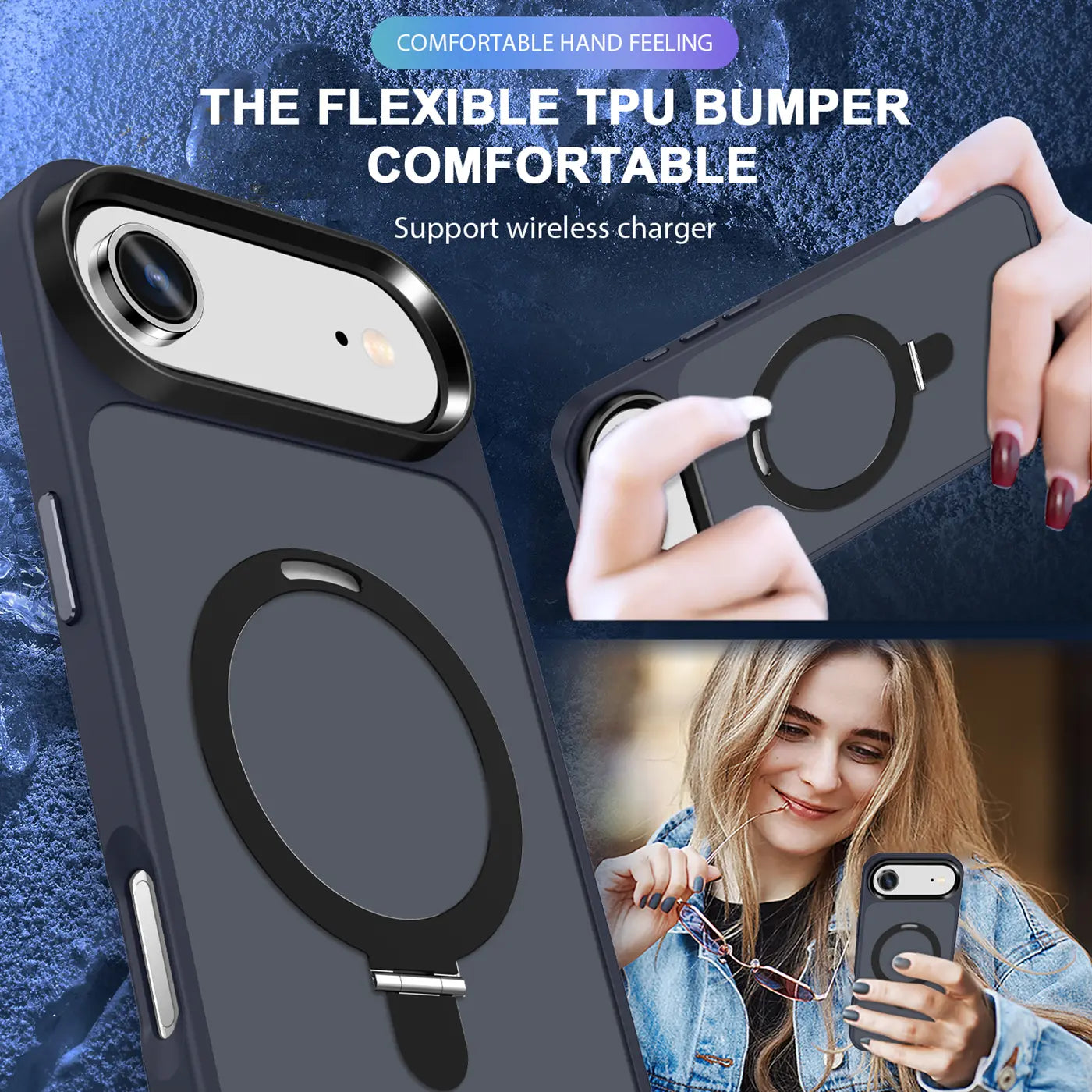 Dunkelgraue TPU-Hülle mit Aufstellring für iPhone, Nahaufnahme, von oben.