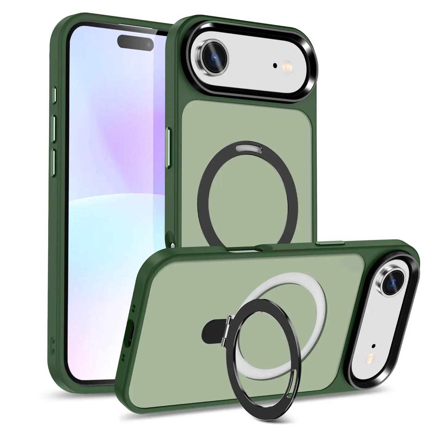 Grüne Hülle aus Kunststoff mit Aufstellring für iPhone, Rückansicht