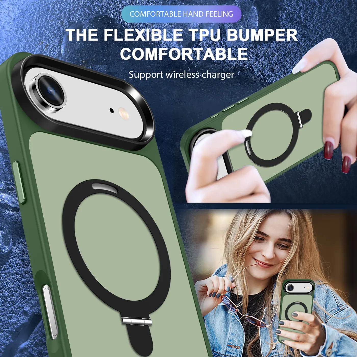 Grüne TPU Hülle mit MagSafe-Ring und Aufsteller, Nahaufnahme, iPhone 17 Air.
