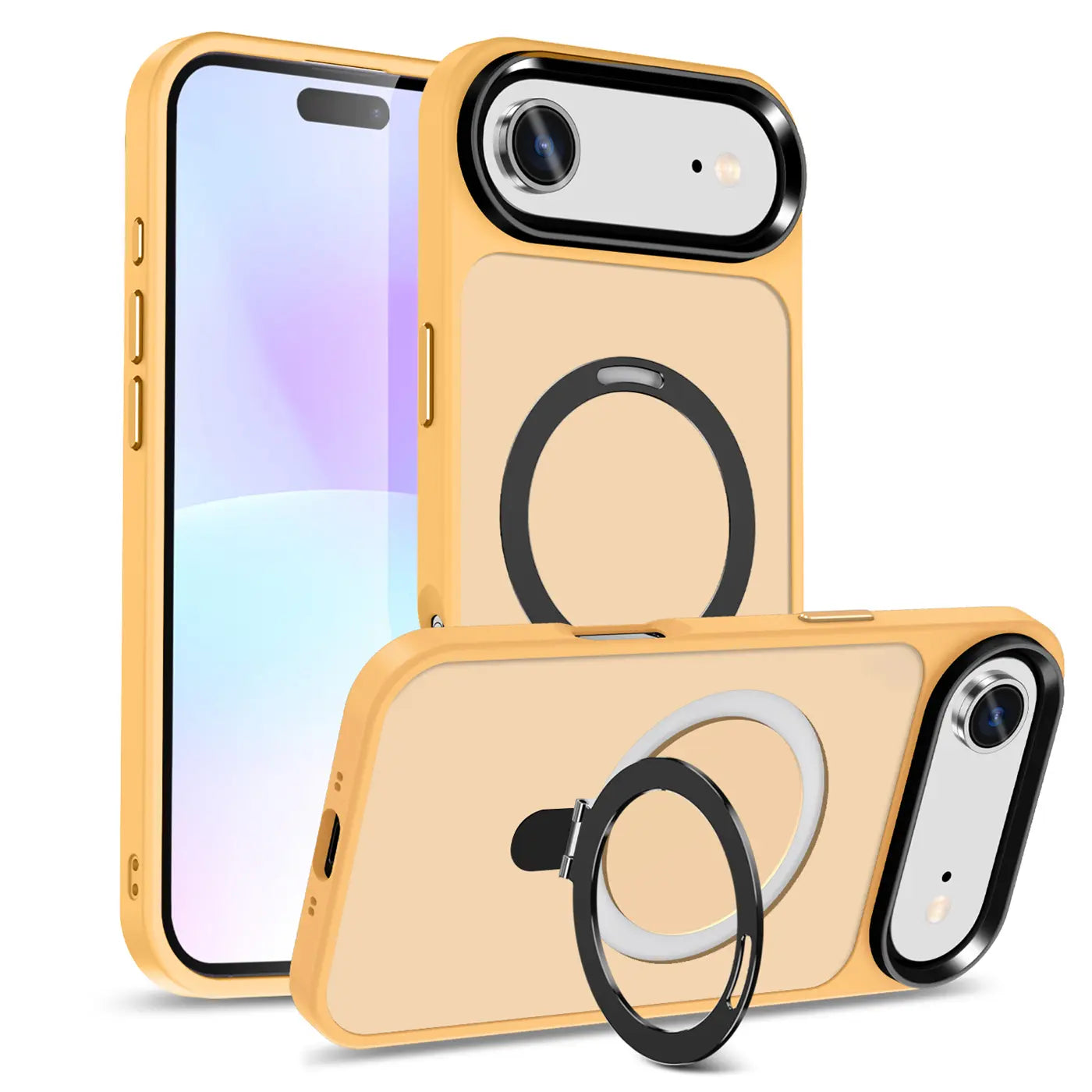 Gelbe Hülle mit Aufstellring für iPhone, von vorne und schräg