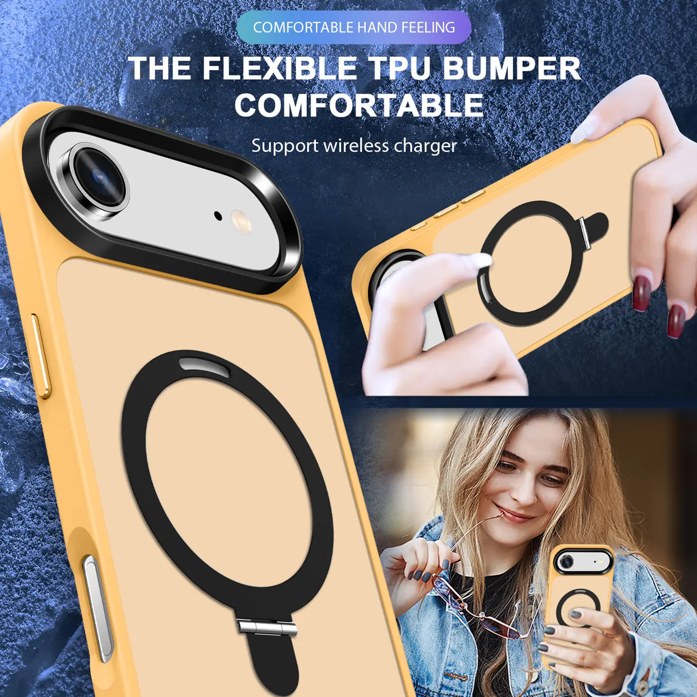 Gelbe Hülle aus TPU mit schwarzem MagSafe-Ring, Vorderansicht, zeigt iPhone 17 Air.