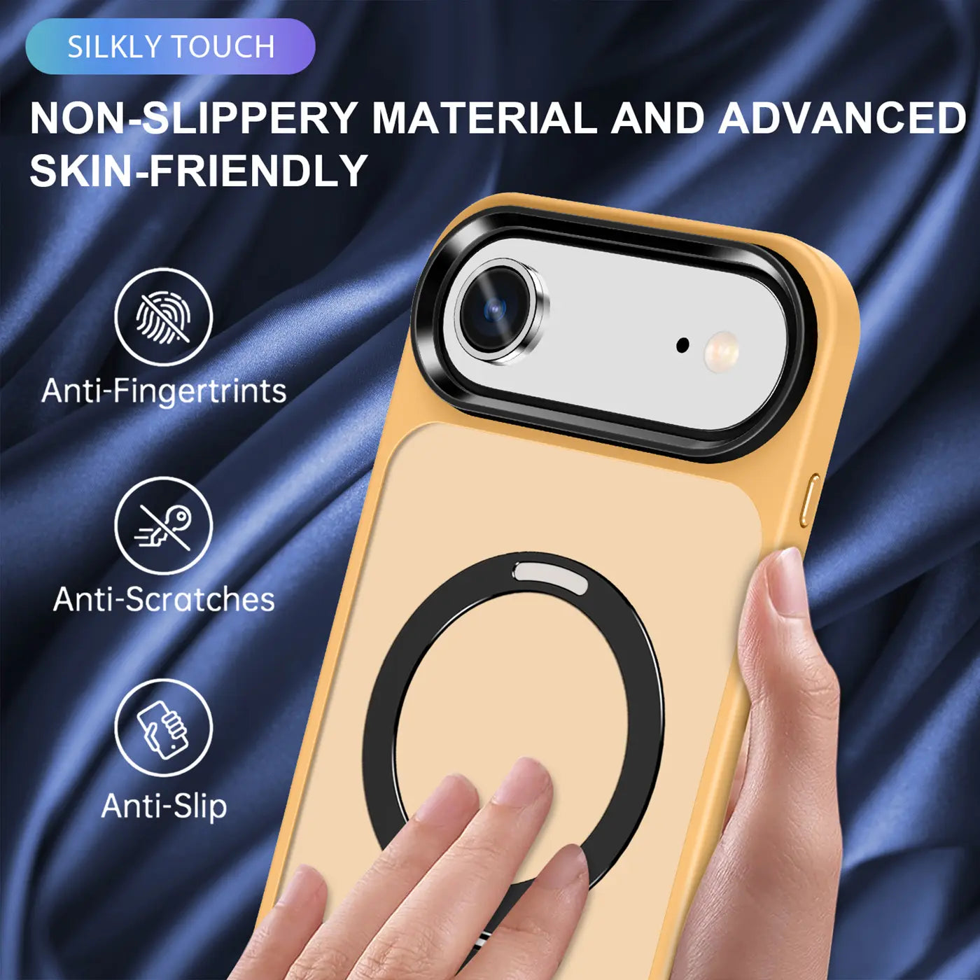 Gelbe Hülle mit Aufstellring für iPhone, Nahaufnahme, von vorne