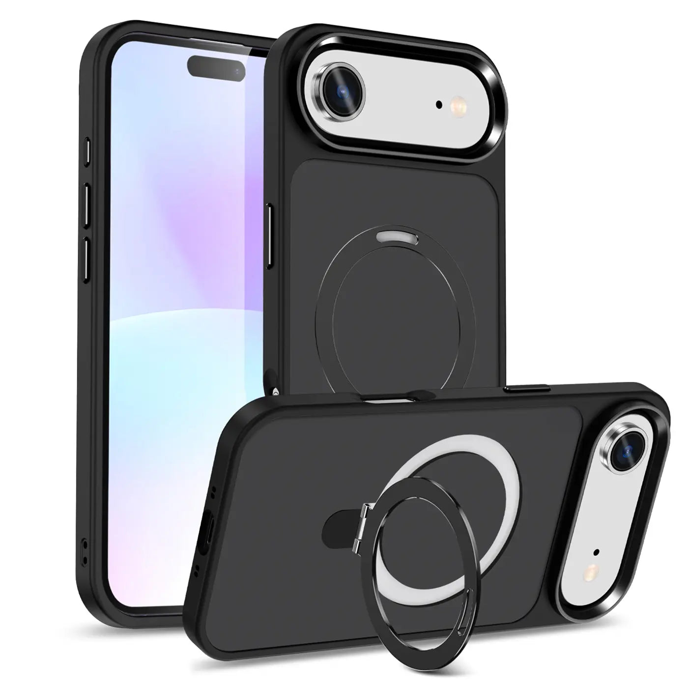 Schwarze Handyhülle aus Kunststoff mit Aufstellring, Vorder- und Rückansicht, für iPhone 17 Air.