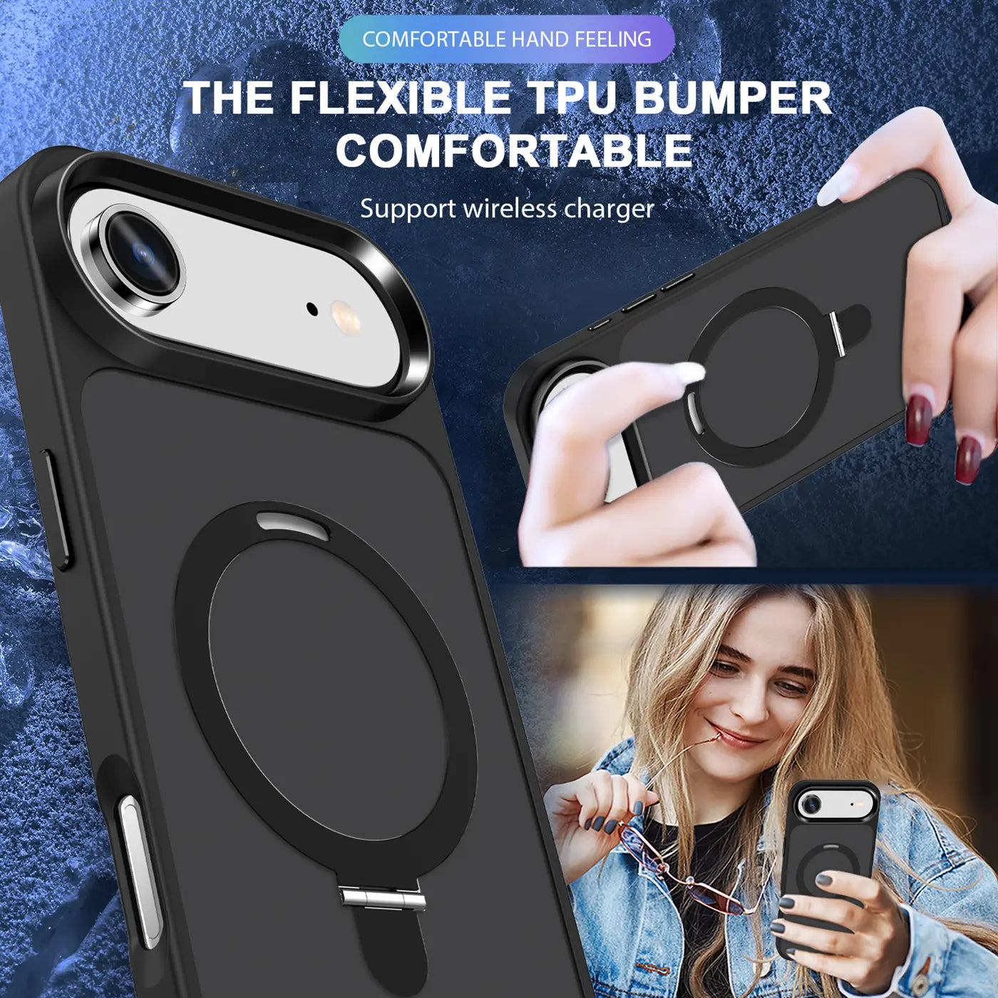 Schwarze TPU-Hülle mit MagSafe-Ring und Aufsteller, zeigt iPhone 17 Air.