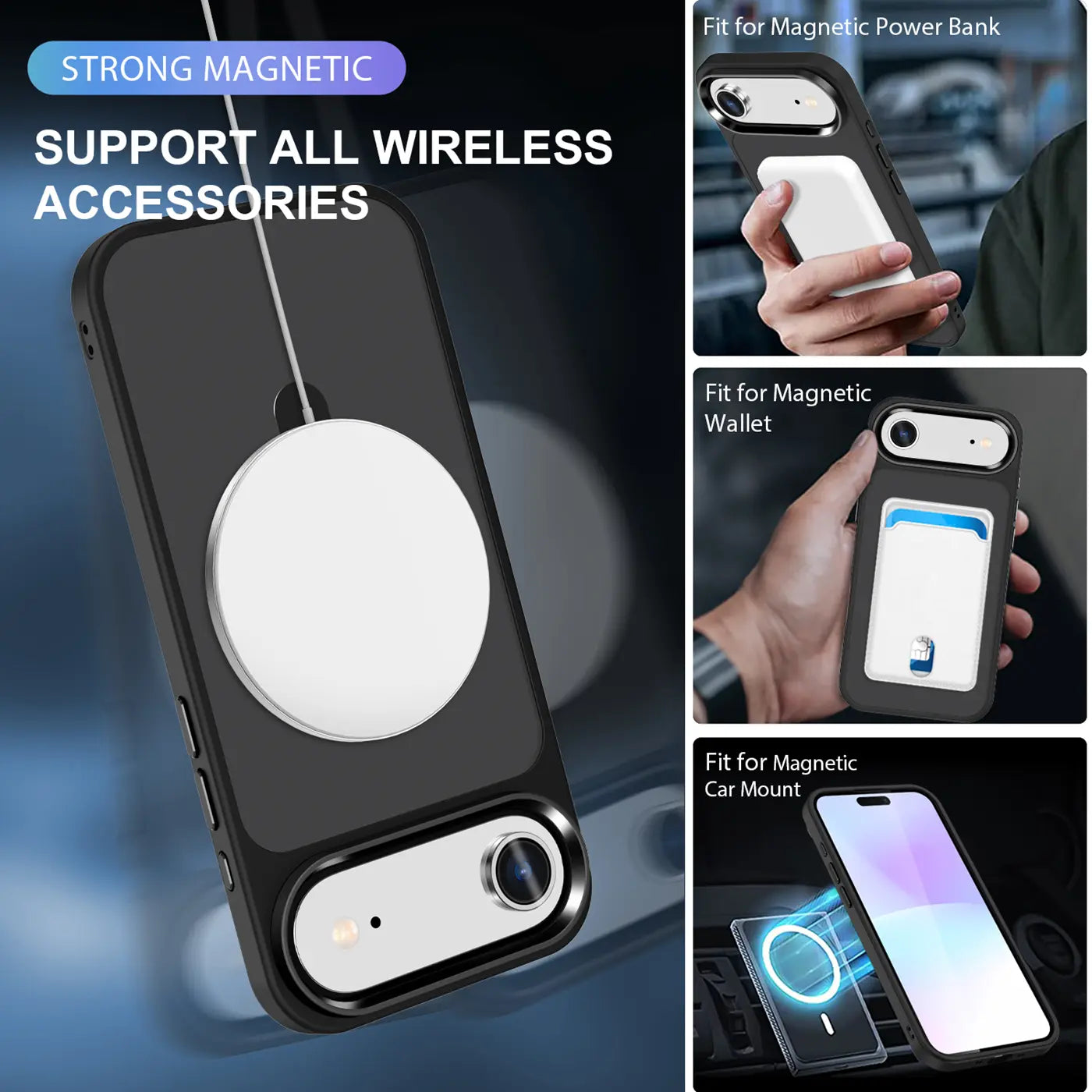 Schwarze Handyhülle aus Kunststoff mit MagSafe-Ring, zeigt iPhone mit Zubehör.