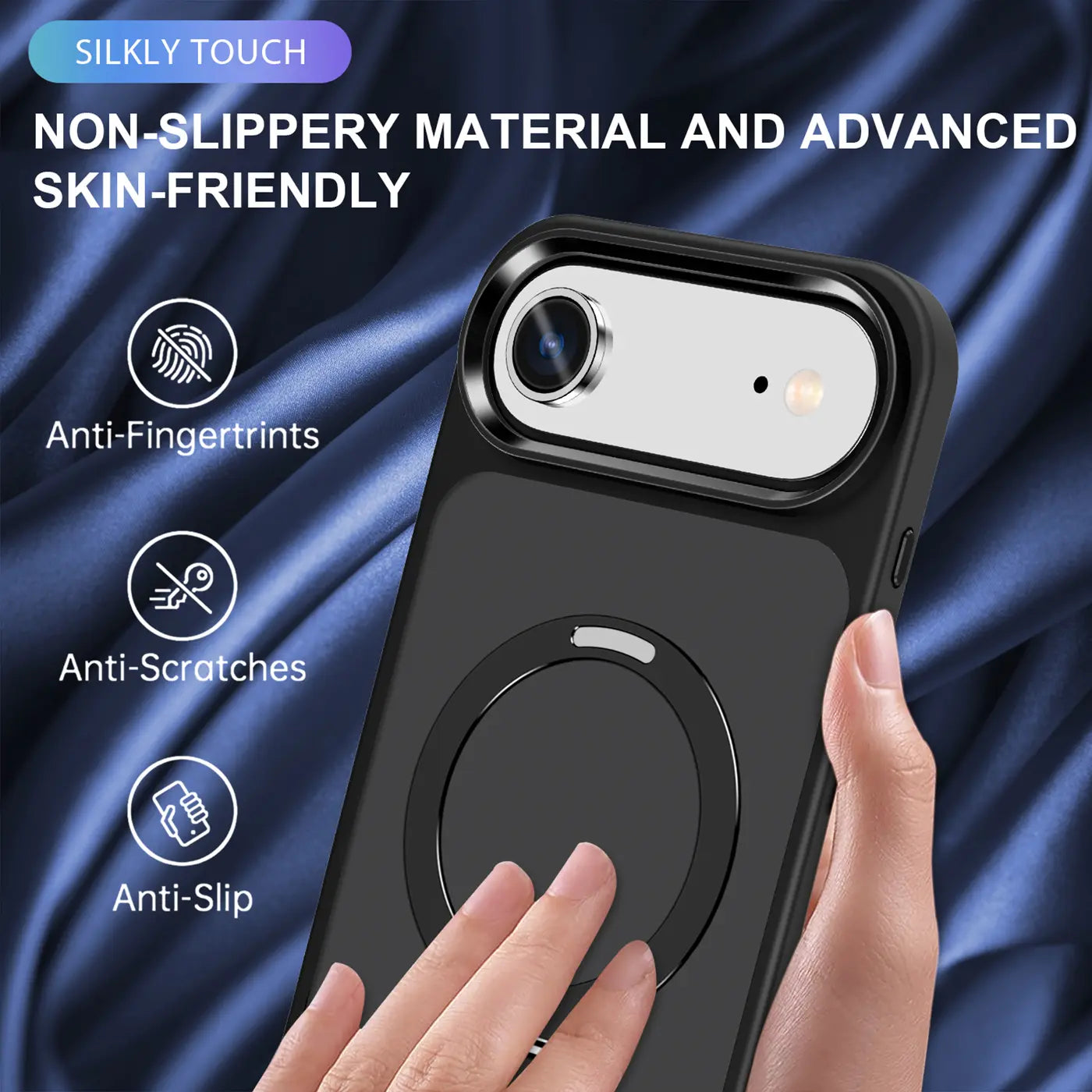 Schwarze MagSafe Hülle mit Aufstellring, aus glattem Material, von hinten, auf einem iPhone.