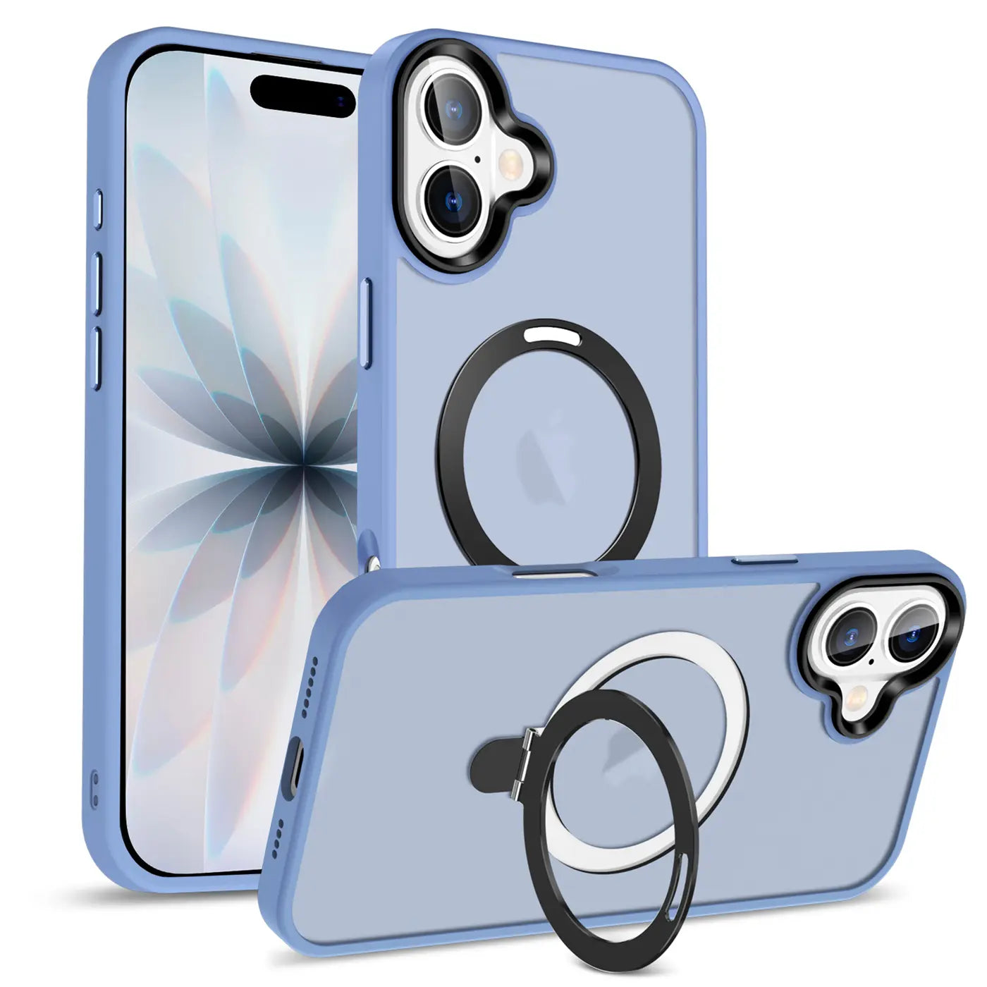 Blaue MagSafe-Hülle aus Kunststoff mit Aufstellring für iPhone 17, Vorder- und Rückansicht.