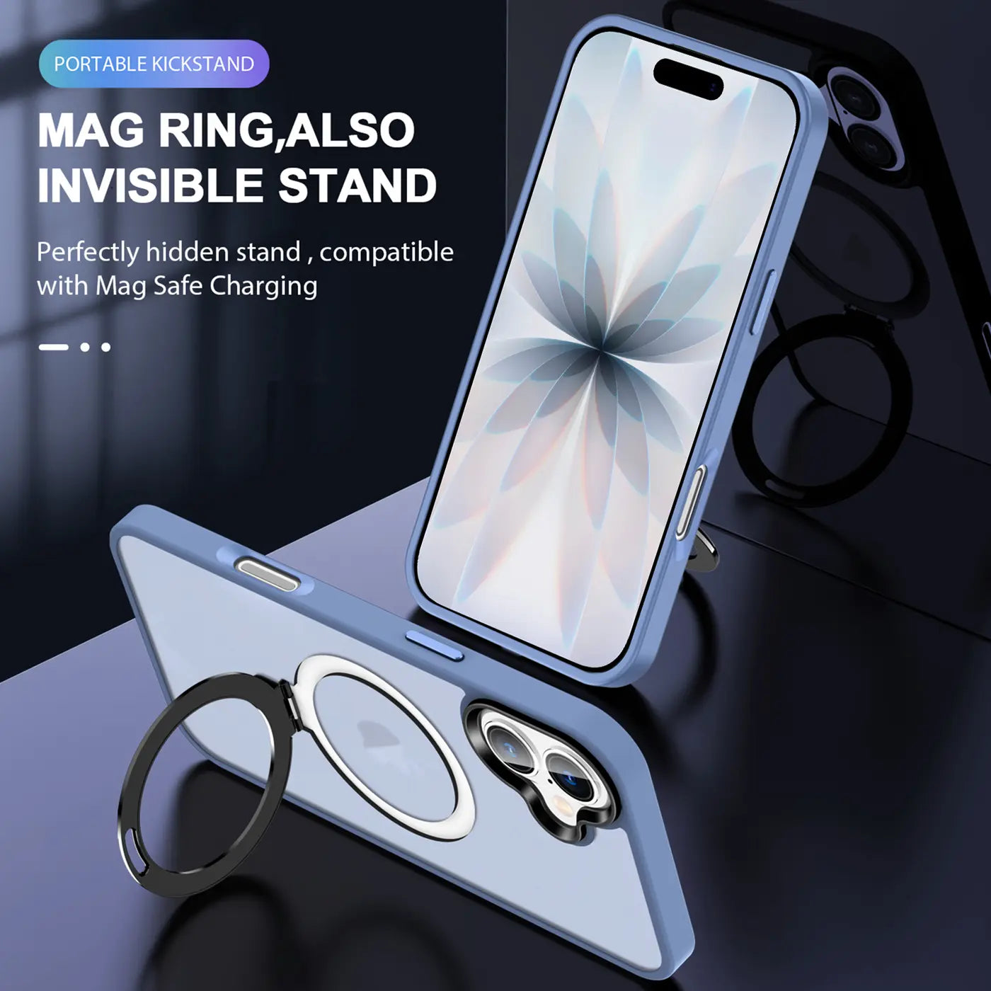 Helle blaue Handyhülle aus Kunststoff mit silbernem Aufstellring, iPhone 17, Draufsicht